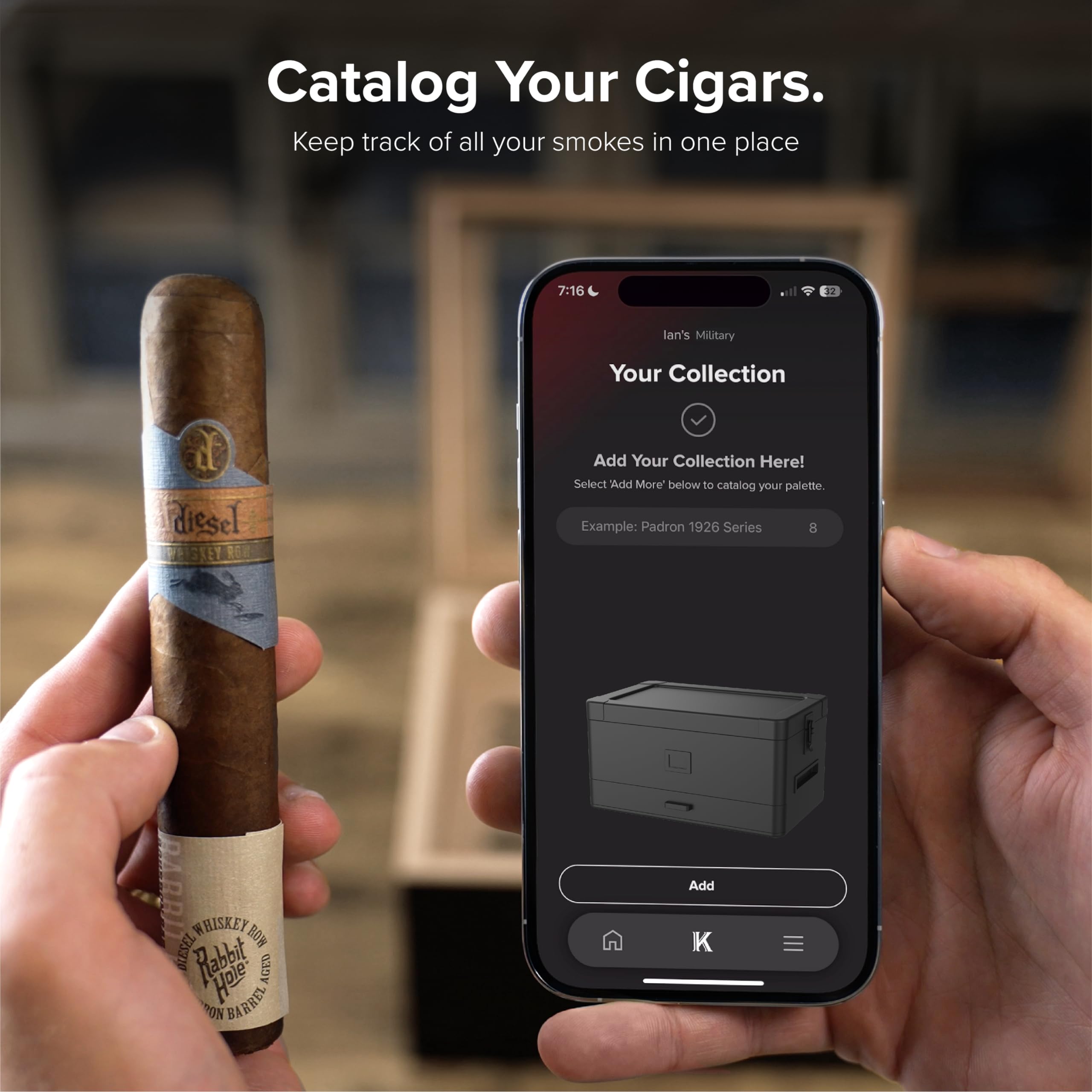 CASE ELEGANCE Klaro Valet on a tabletop with cigars showing elegant styling and real-time connectivity benefit