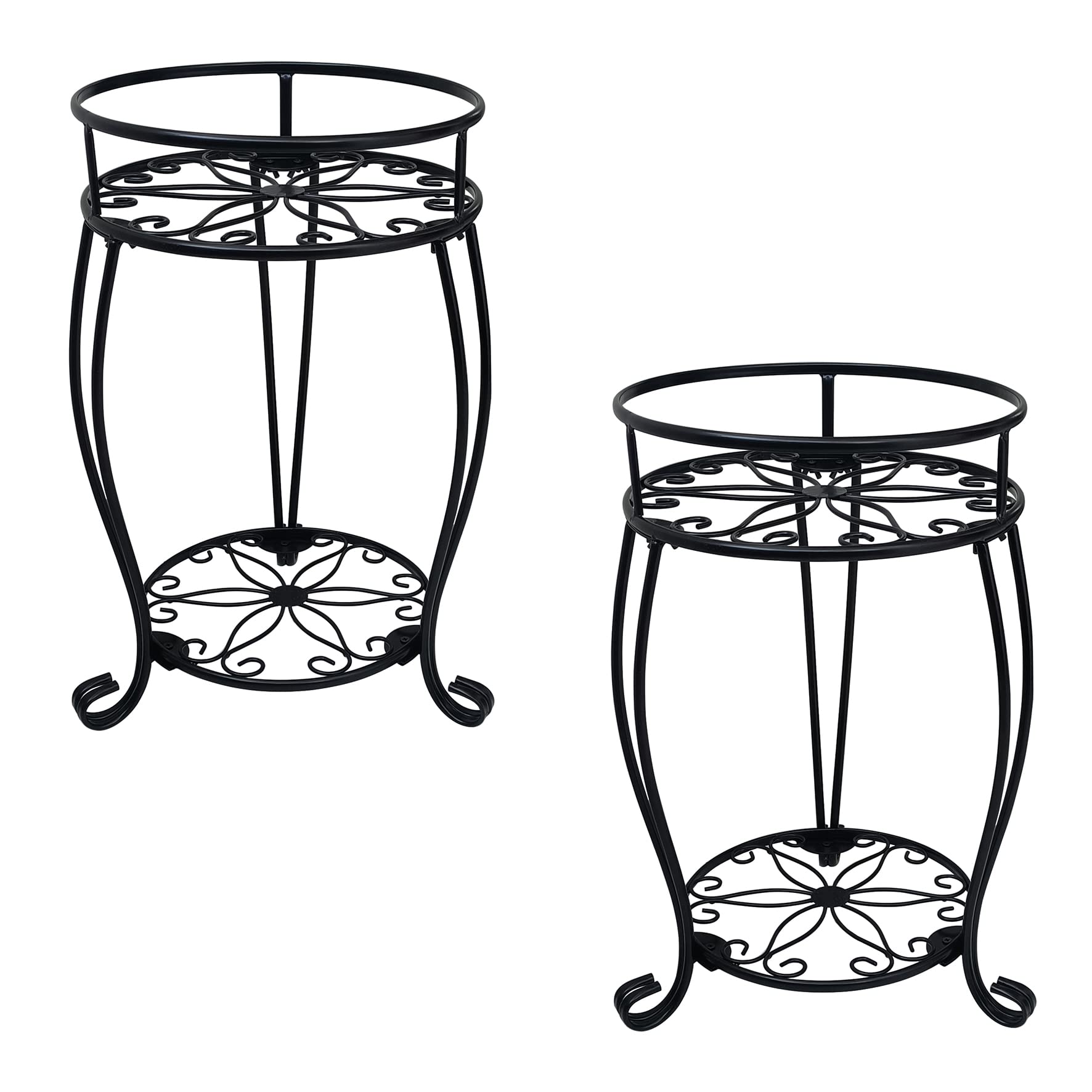 C CASIMR front view of both 2-tier plant stands showing decorative flower pattern and compact profile