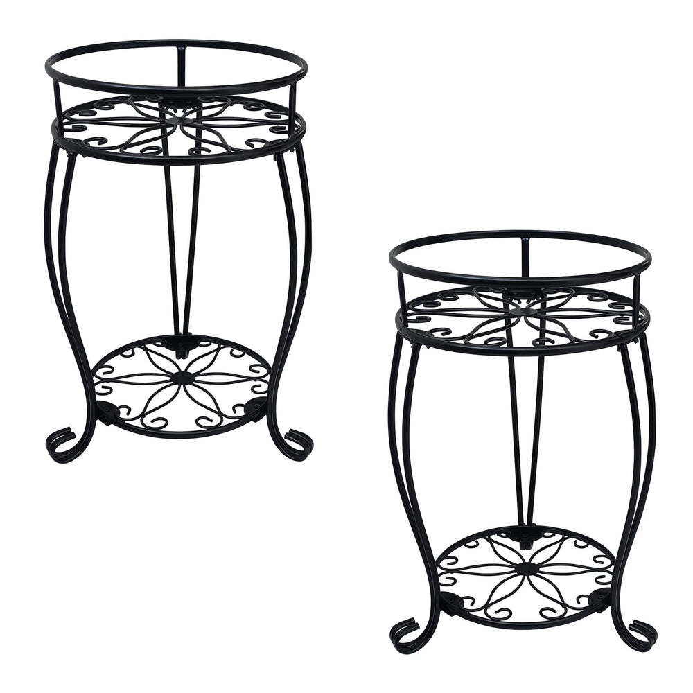 C CASIMR front view of both 2-tier plant stands showing decorative flower pattern and compact profile