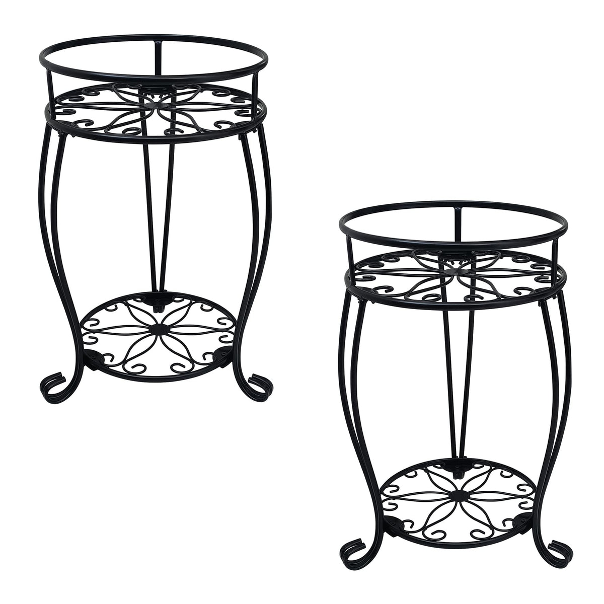 C CASIMR front view of both 2-tier plant stands showing decorative flower pattern and compact profile