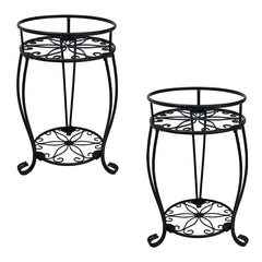 C CASIMR front view of both 2-tier plant stands showing decorative flower pattern and compact profile