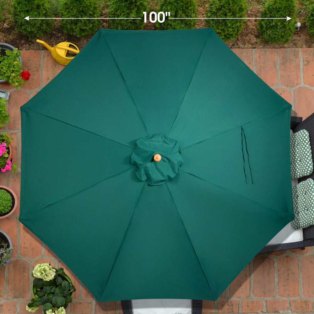 CASUNER umbrella beside dining table showing 9ft coverage scale