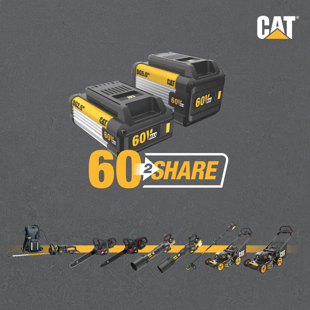 CAT DG610 trimming a lawn showing 15-inch cutting swath for faster work