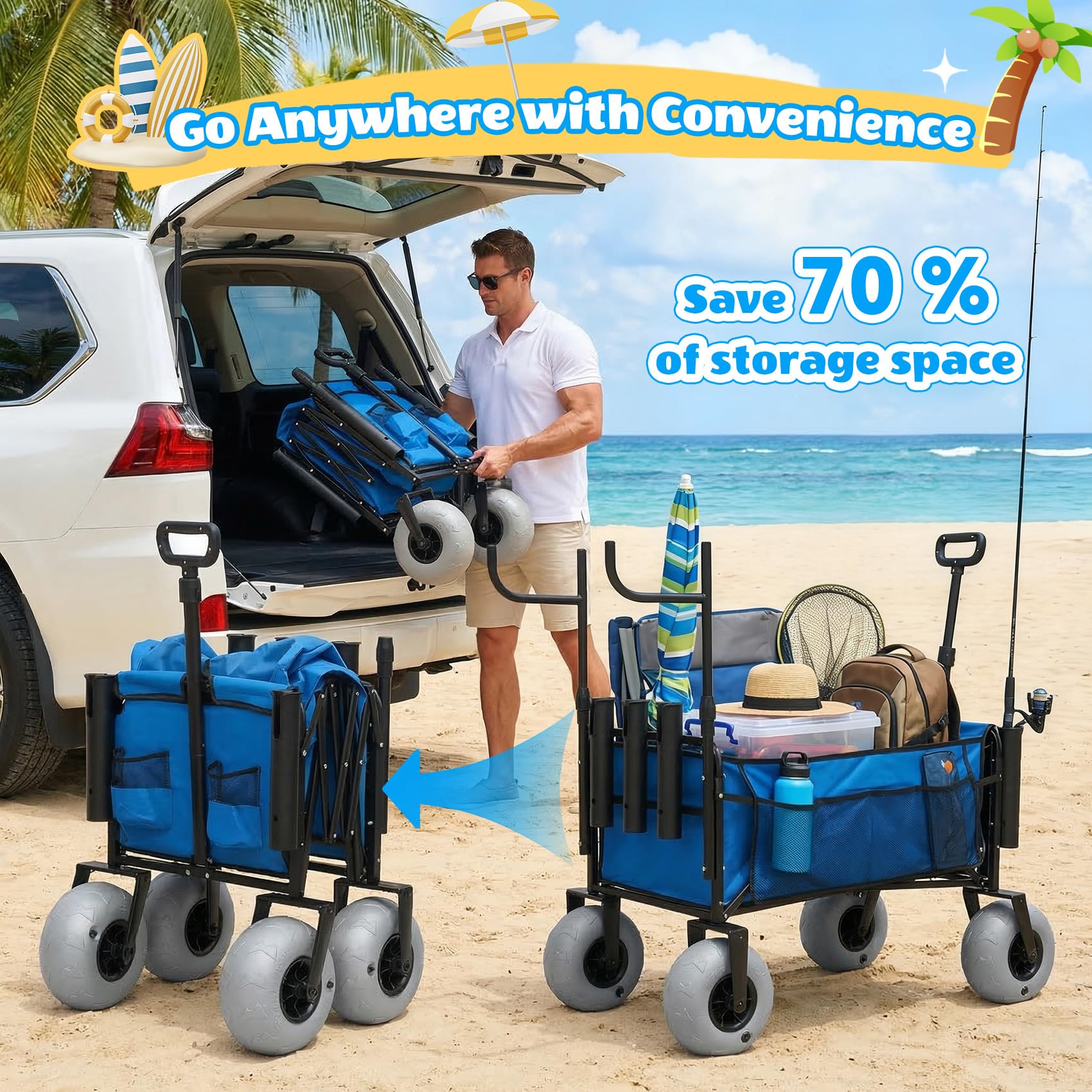 CAtArt wagon in use on beach carrying coolers and fishing gear easily