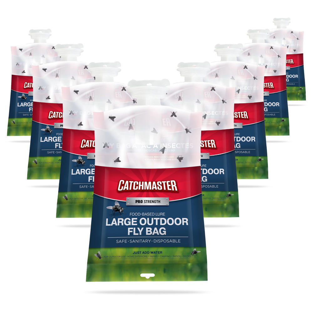 Catchmaster front packaging showing four disposable fly bags and clear instructions, quick setup benefit