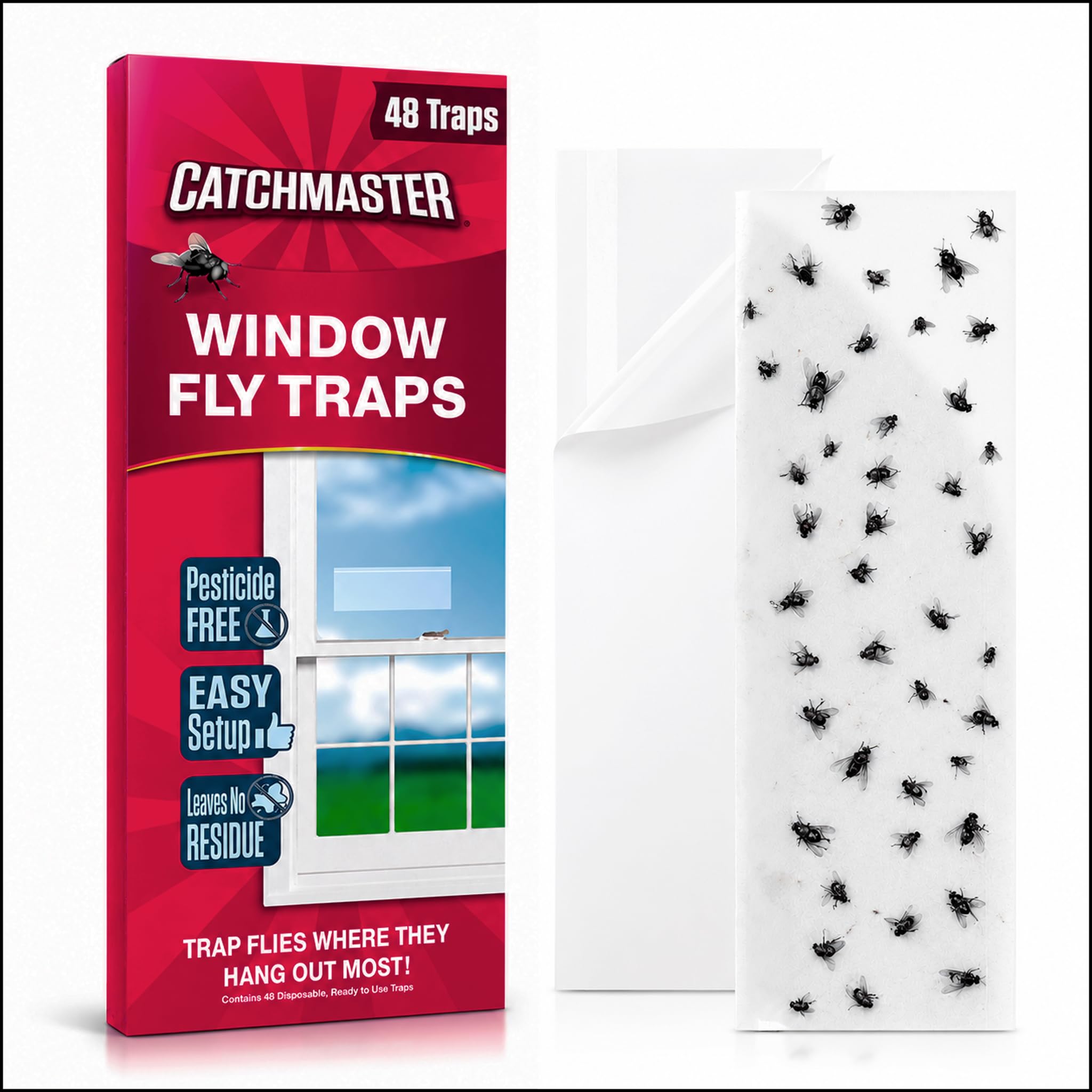 Catchmaster front packaging showing 48-count waterproof window traps for easy pest control