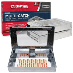 Catchmaster front packaging showing three reusable mouse traps and benefits