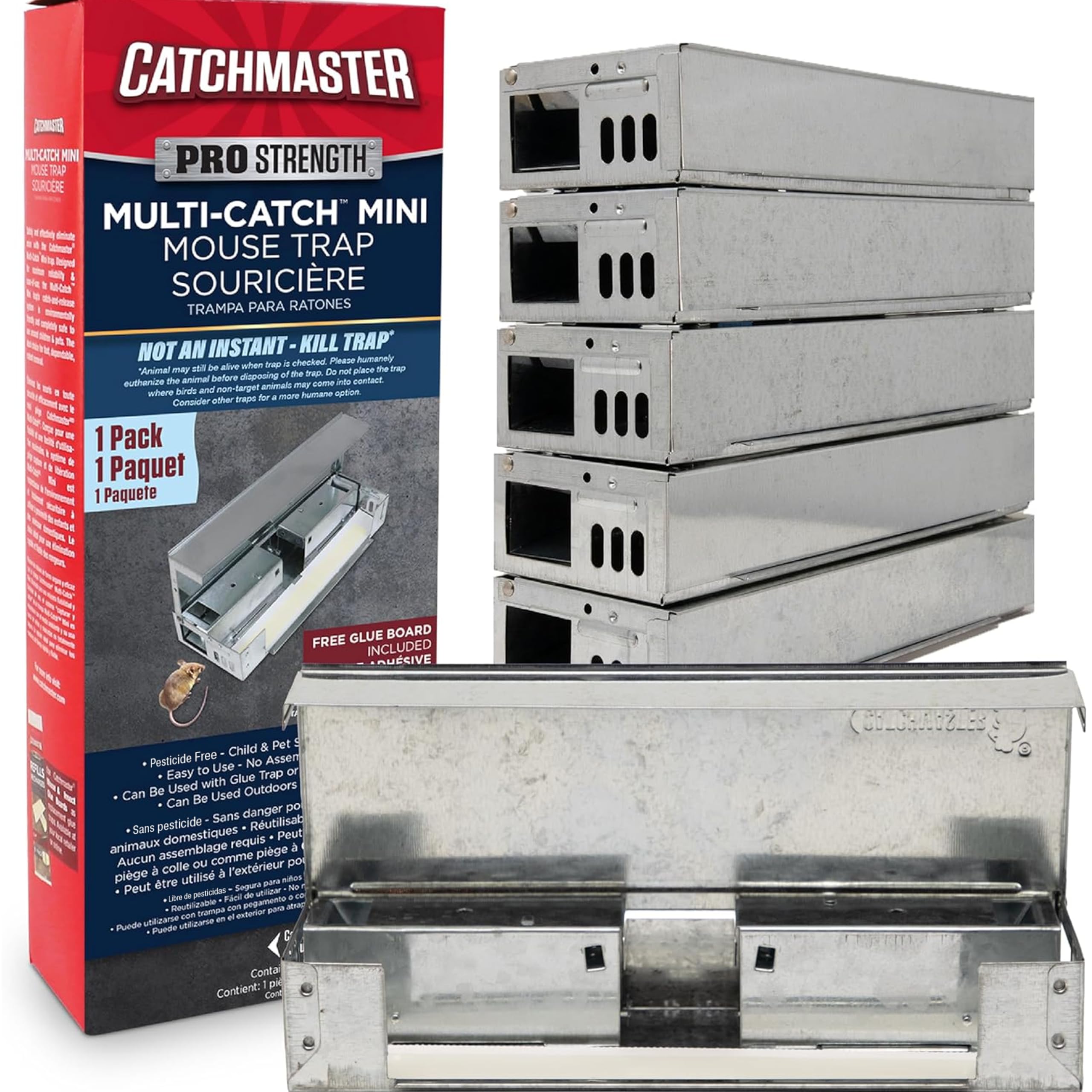 Catchmaster front packaging showing six mini multi-catch traps and benefits