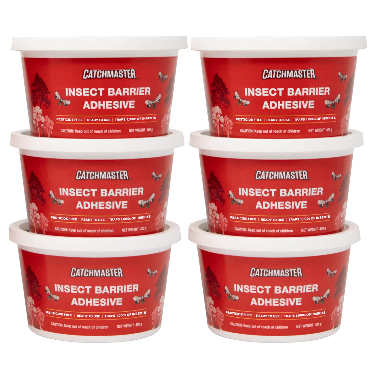 Catchmaster front view of six 15 oz pails showing product kit and branding benefit: ready-to-use