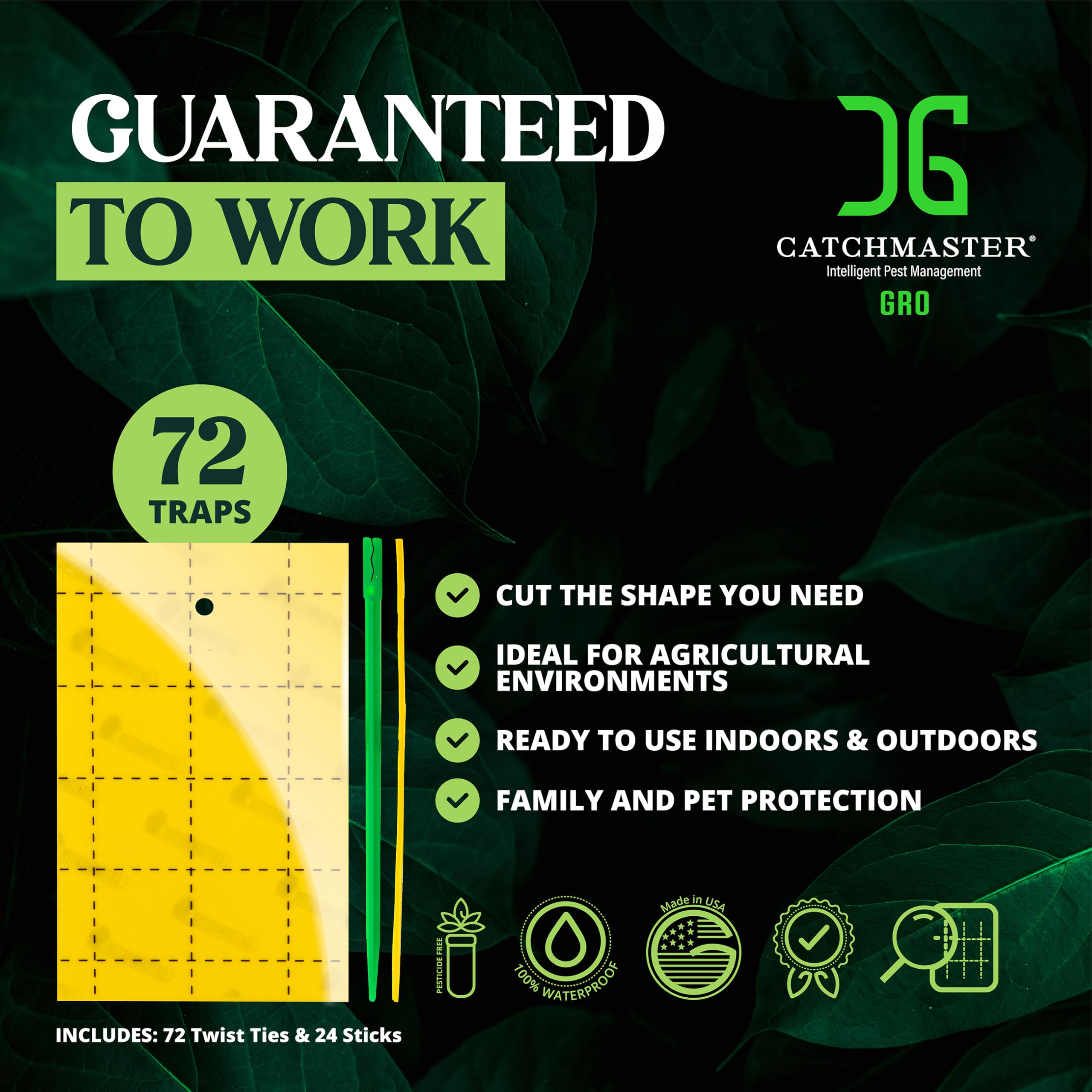 Catchmaster GRO trap in potted plant reducing pests and protecting leaves