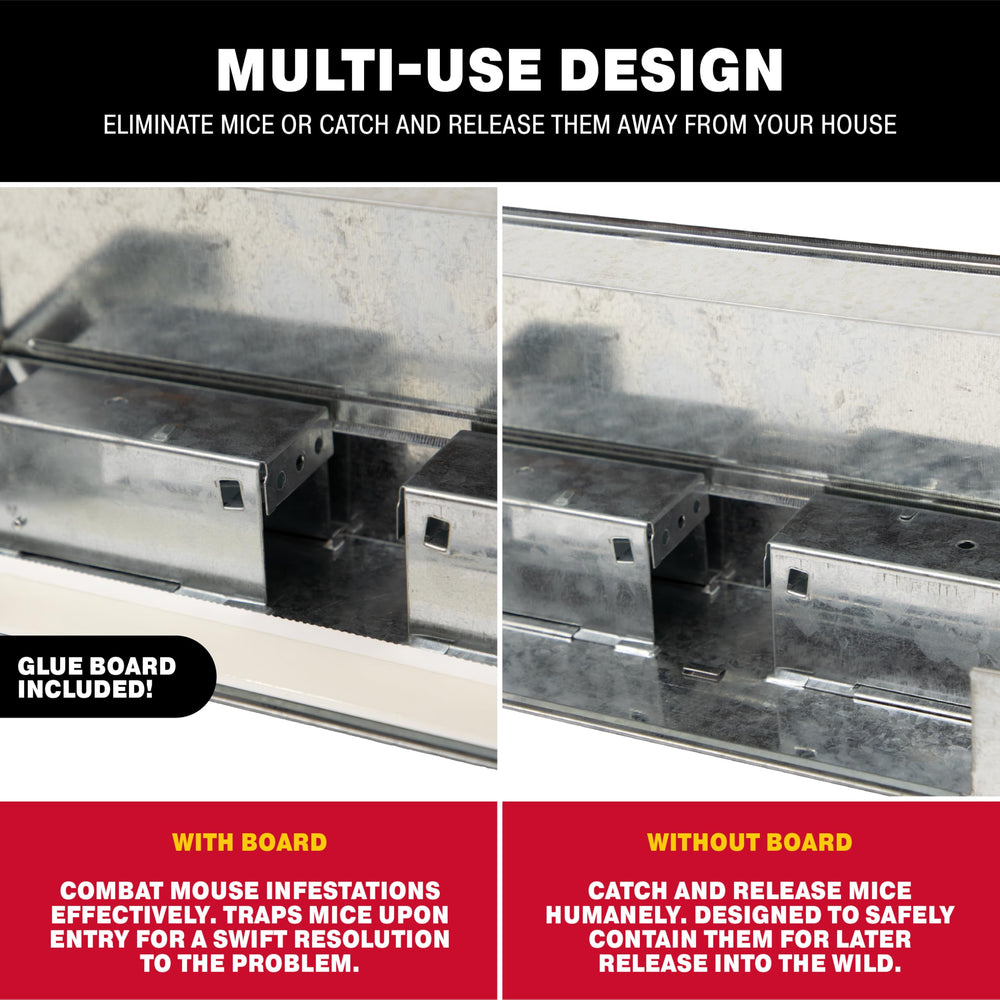 Catchmaster trap placed along a baseboard catching mice where they travel