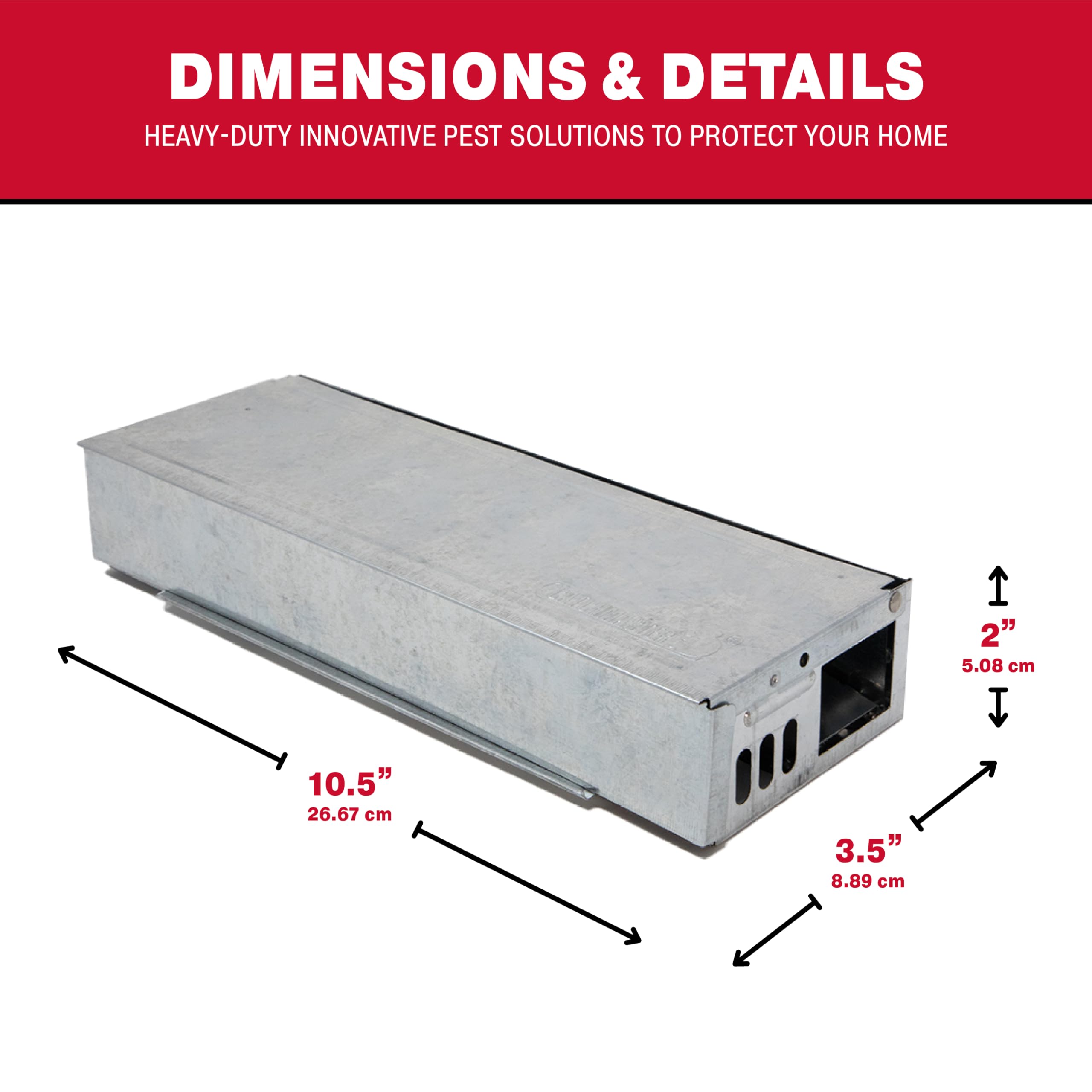 Catchmaster trap next to a ruler showing compact size and space-saving benefit