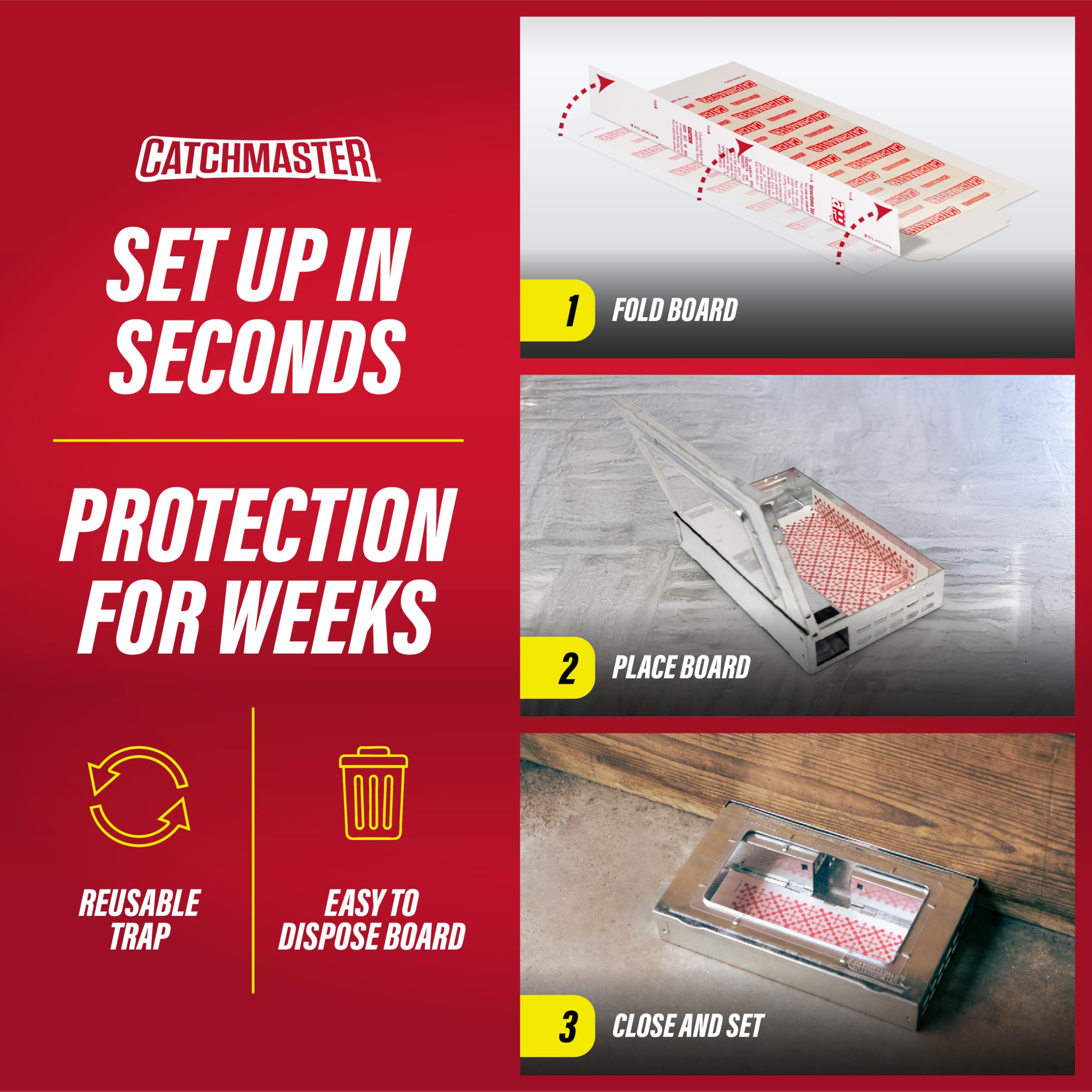 Catchmaster trap placed on baseboard demonstrating discreet protection