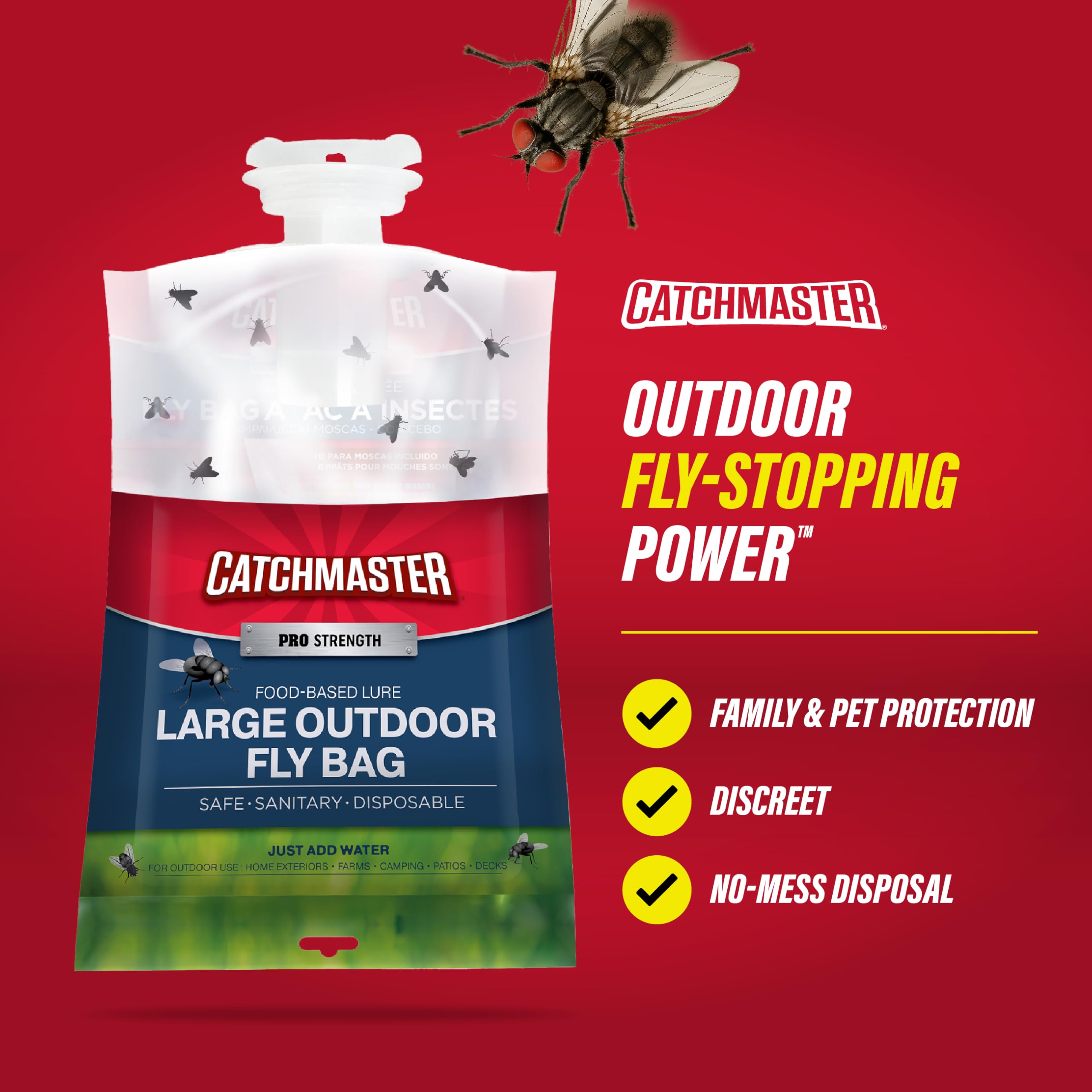 Catchmaster trap hung near a barn attracting flies away from livestock areas, reduces fly nuisance