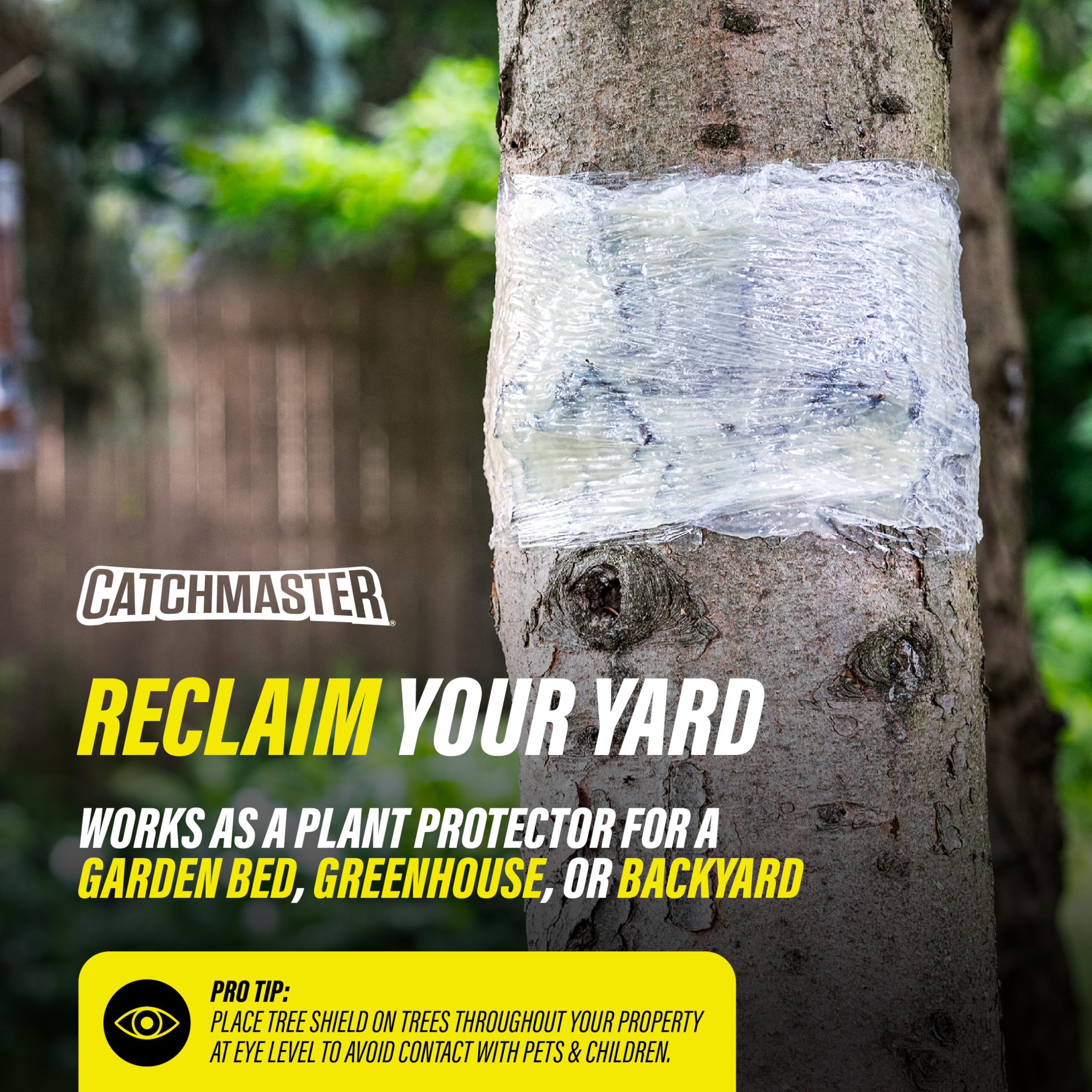 Catchmaster tree with plastic wrap and adhesive band installed showing protected trunk and trapped pests