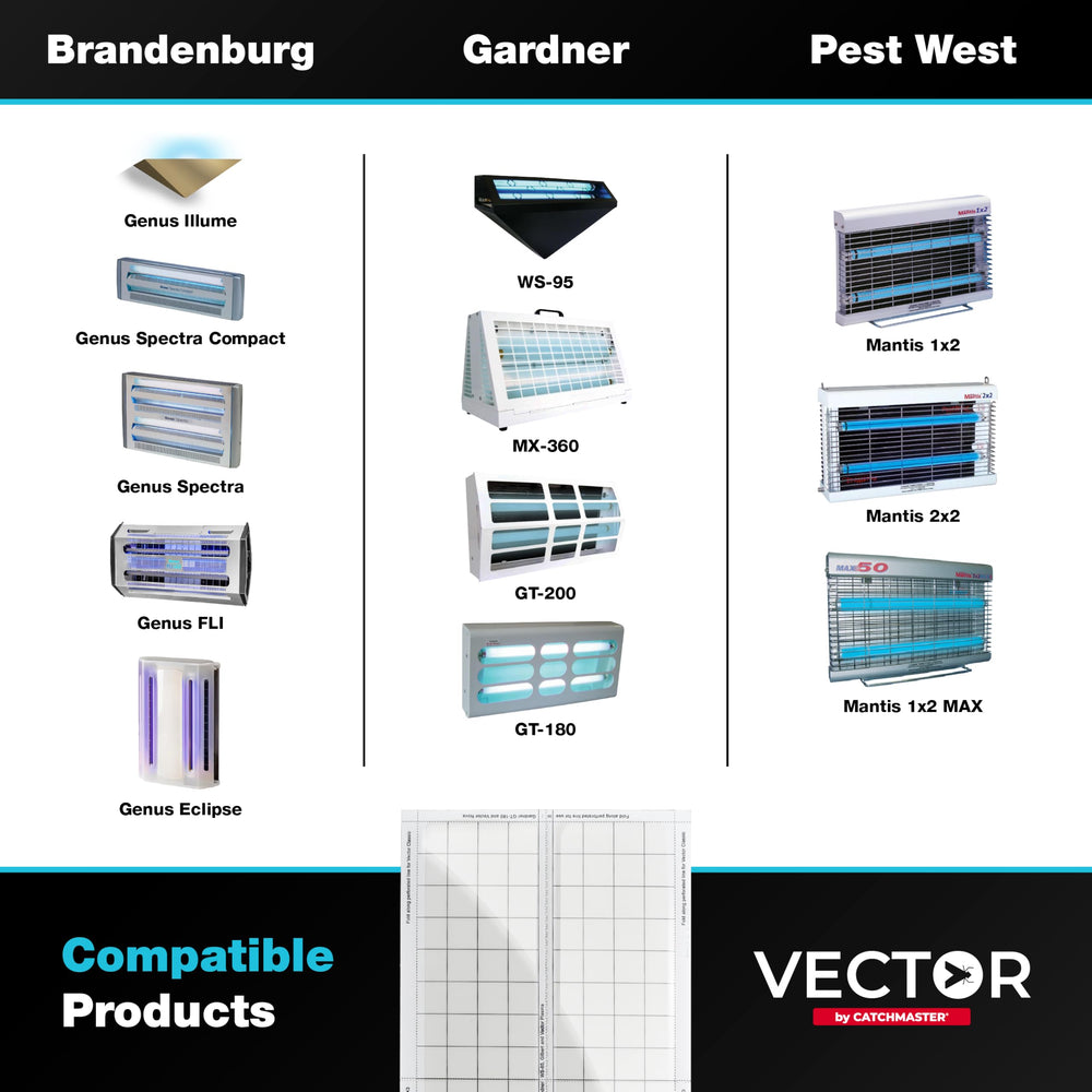 Catchmaster Vector board side label with compatibility details and usage benefit