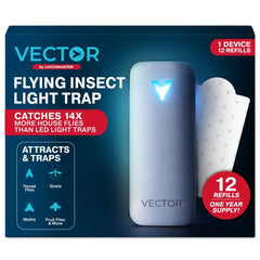 Catchmaster Vector 9 front view showing sleek white cover and plug, tidy placement benefit