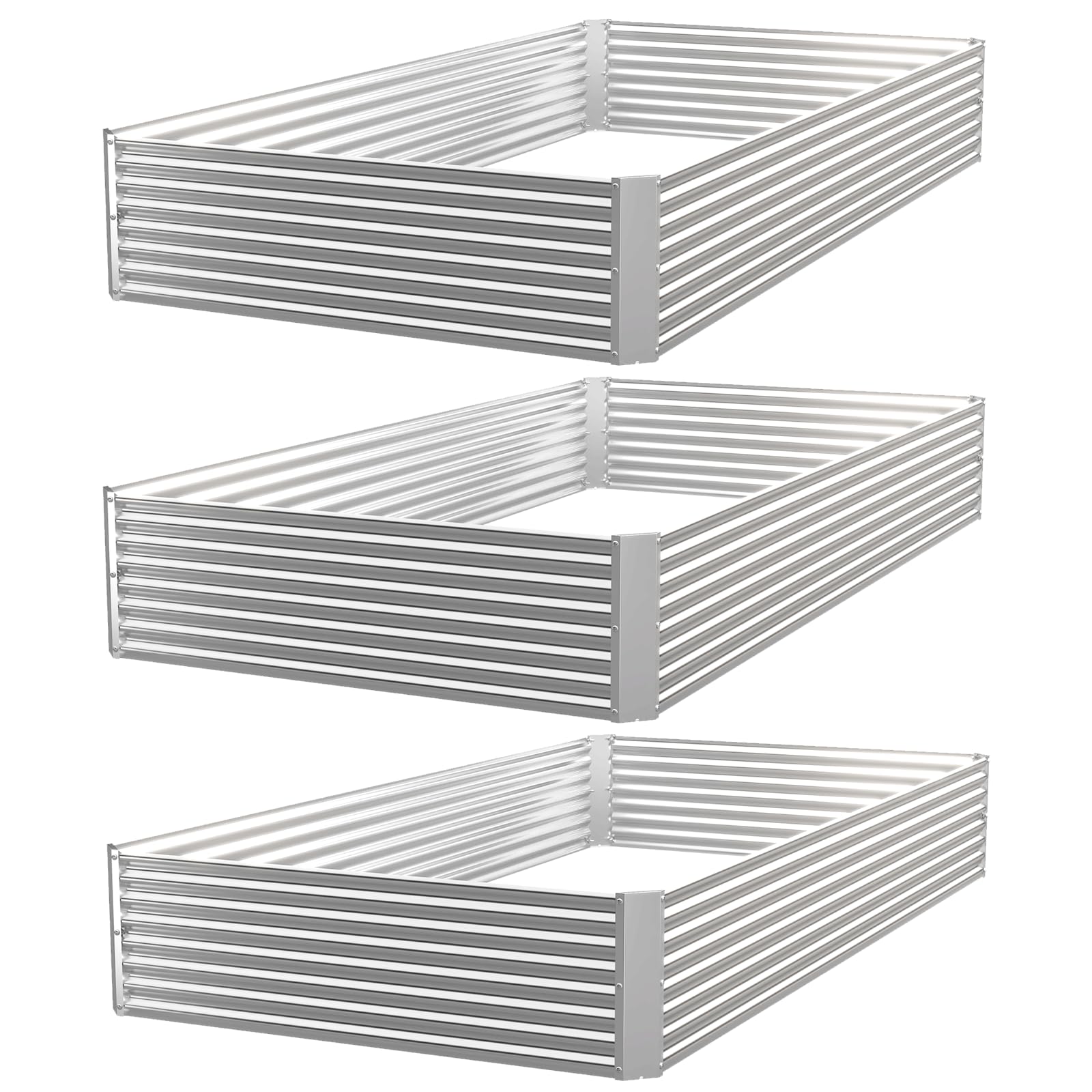 CATMANOR front view of three assembled galvanized raised beds showing clean edges and space