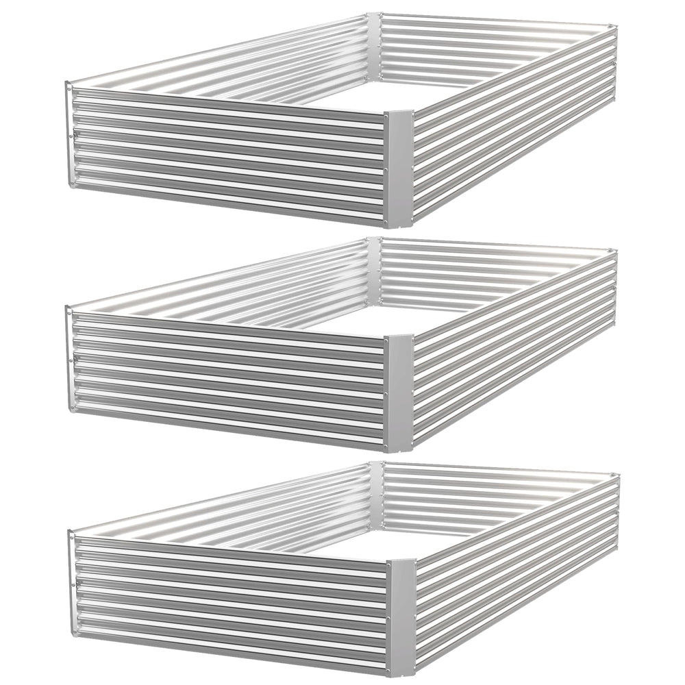 CATMANOR front view of three assembled galvanized raised beds showing clean edges and space