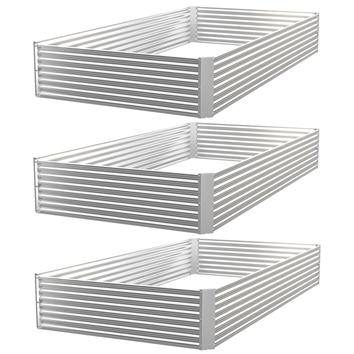 CATMANOR front view of three assembled galvanized raised beds showing clean edges and space