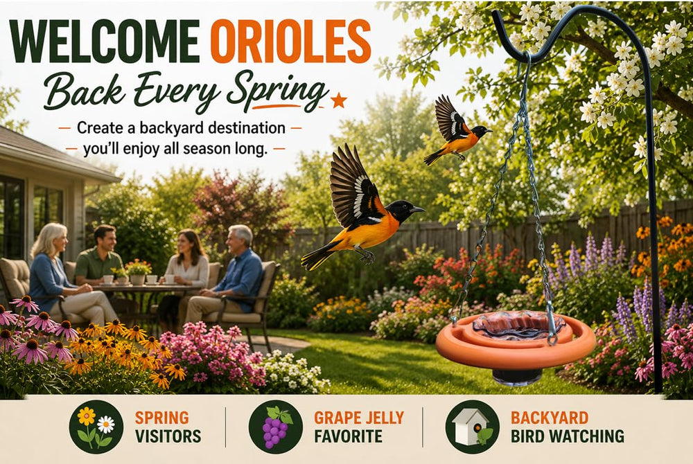 Two orioles perched on Cauff feeder eating jelly, natural feeding behavior encouraged