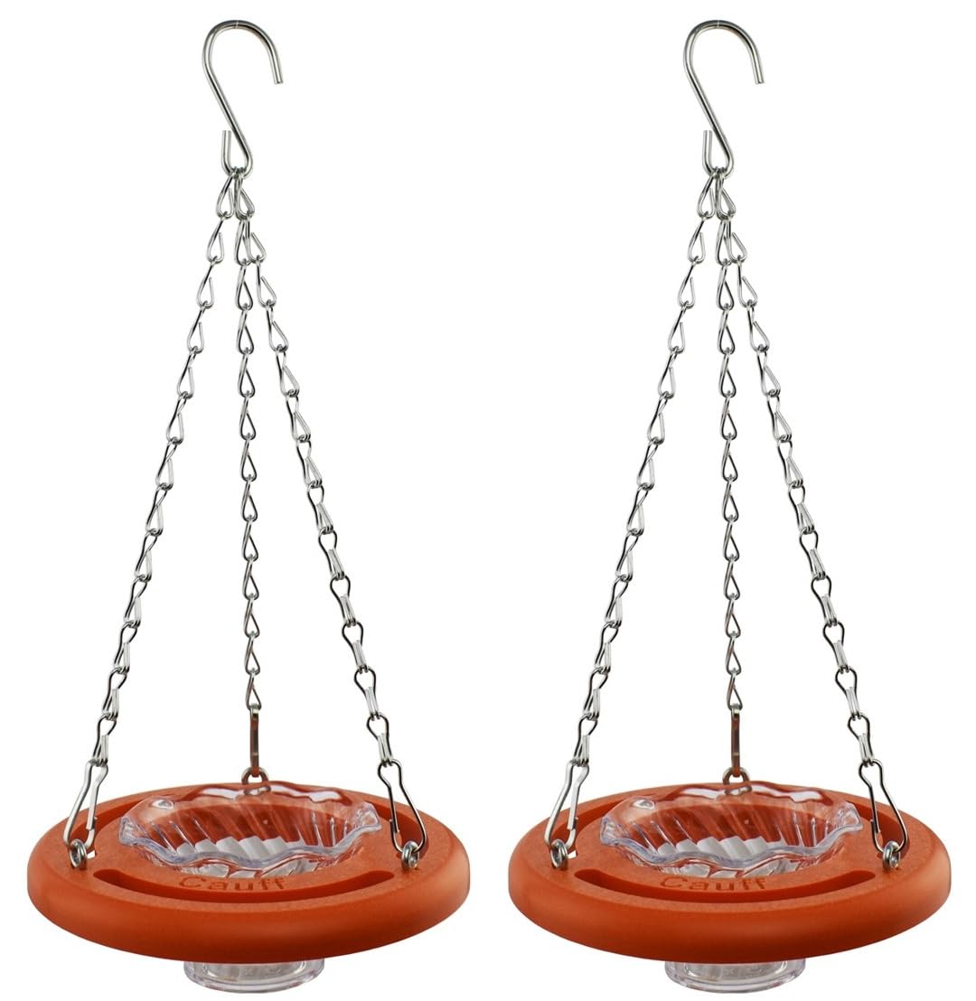 Cauff oriole feeder front view showing bright orange color and feeding stations, attracts orioles