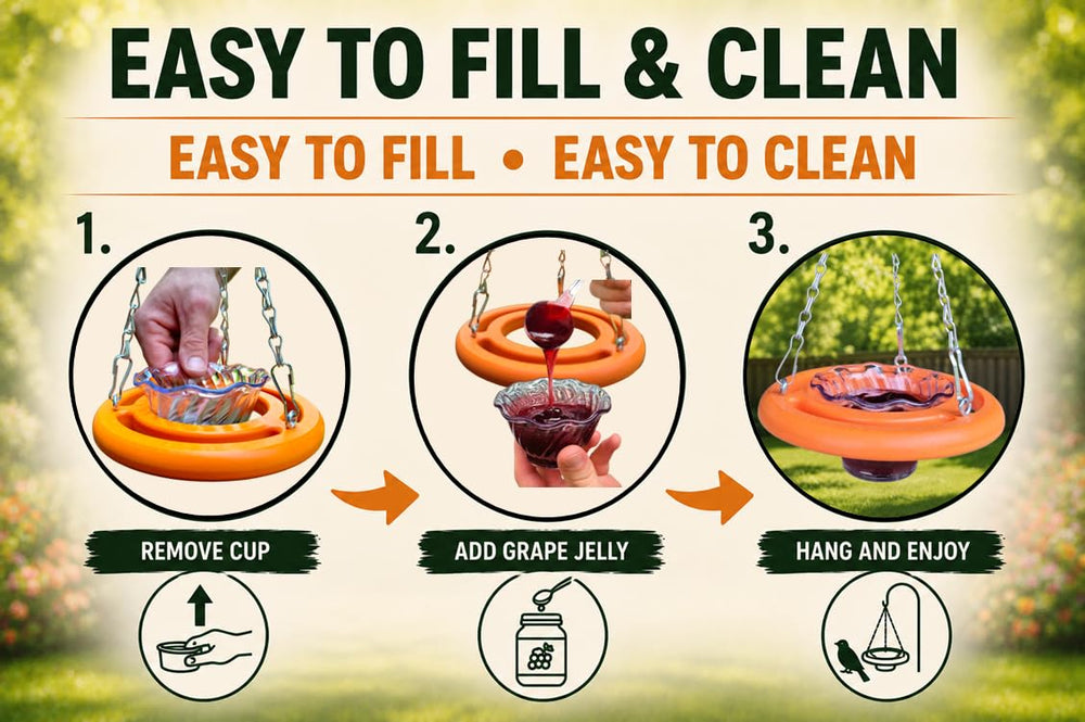 Cauff oriole feeder close-up of removable jelly cup, easy refill and cleaning