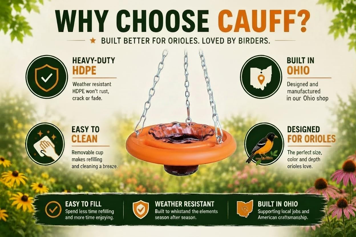 Cauff oriole feeder packaging with label showing dimensions and Made in USA badge