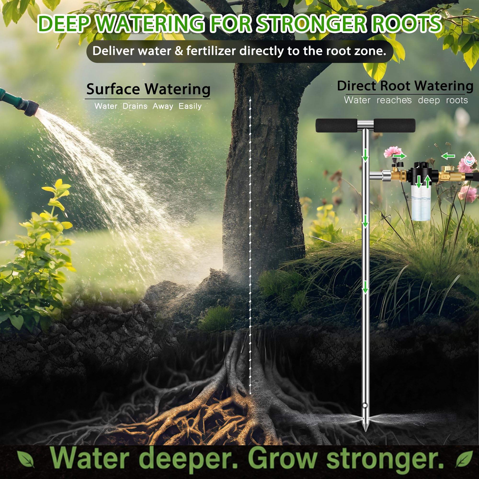 Caulimo close-up sharp tip detail for easy soil entry and deep moisture delivery benefit