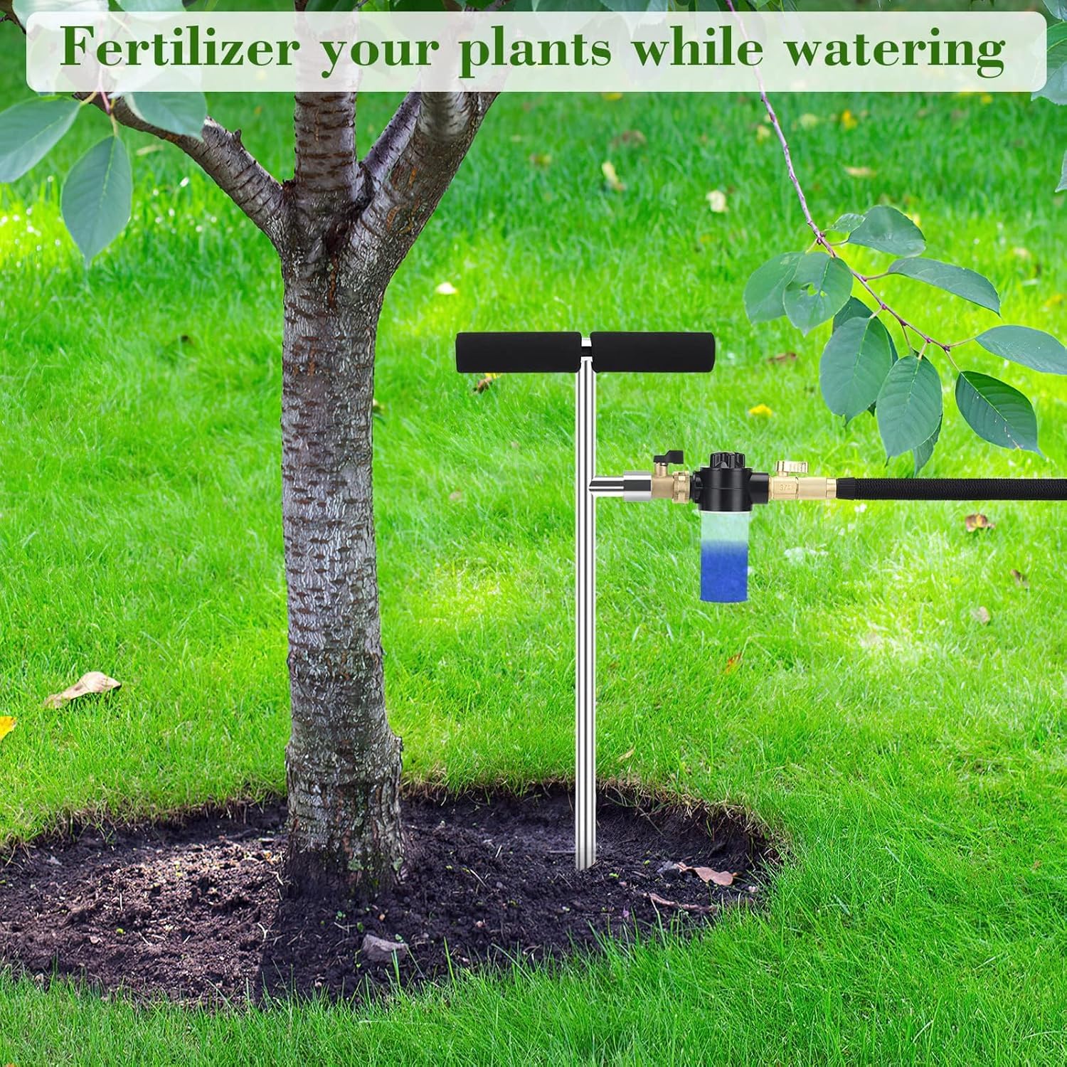 Caulimo fertilizer bottle attached for direct root feeding and measured dosing