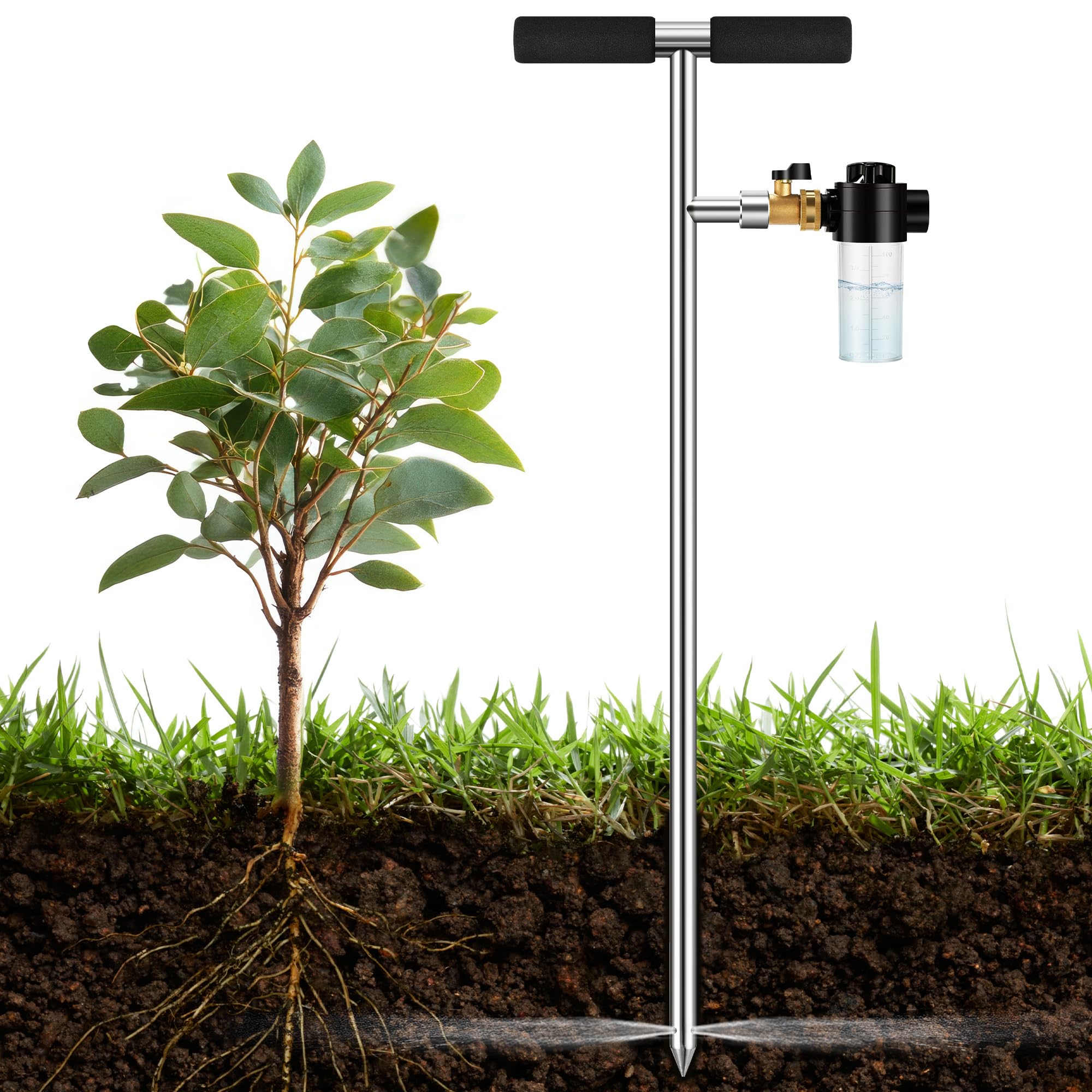 Caulimo front view spike showing polished stainless steel and hose connection for durable irrigation