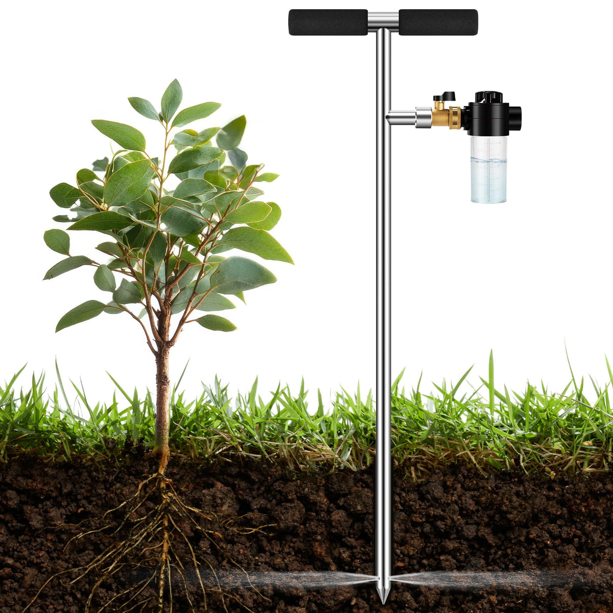 Caulimo front view spike showing polished stainless steel and hose connection for durable irrigation