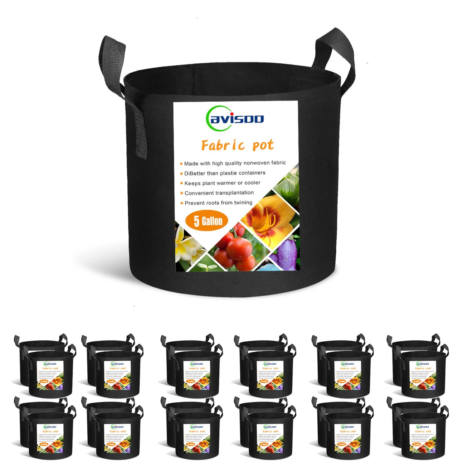 Cavisoo front view of 24-pack 5-gallon grow bags showing durability benefit
