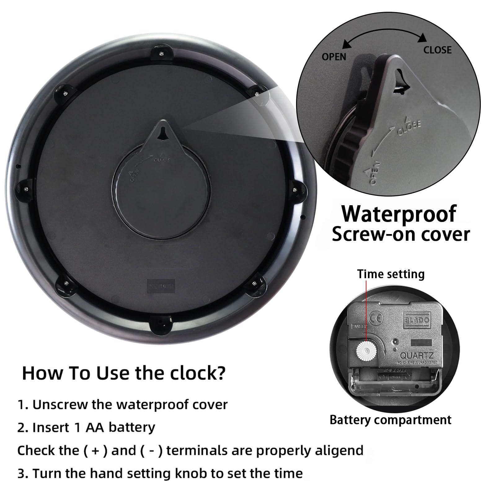 Caysie clock mounted on patio wall demonstrating outdoor style and function