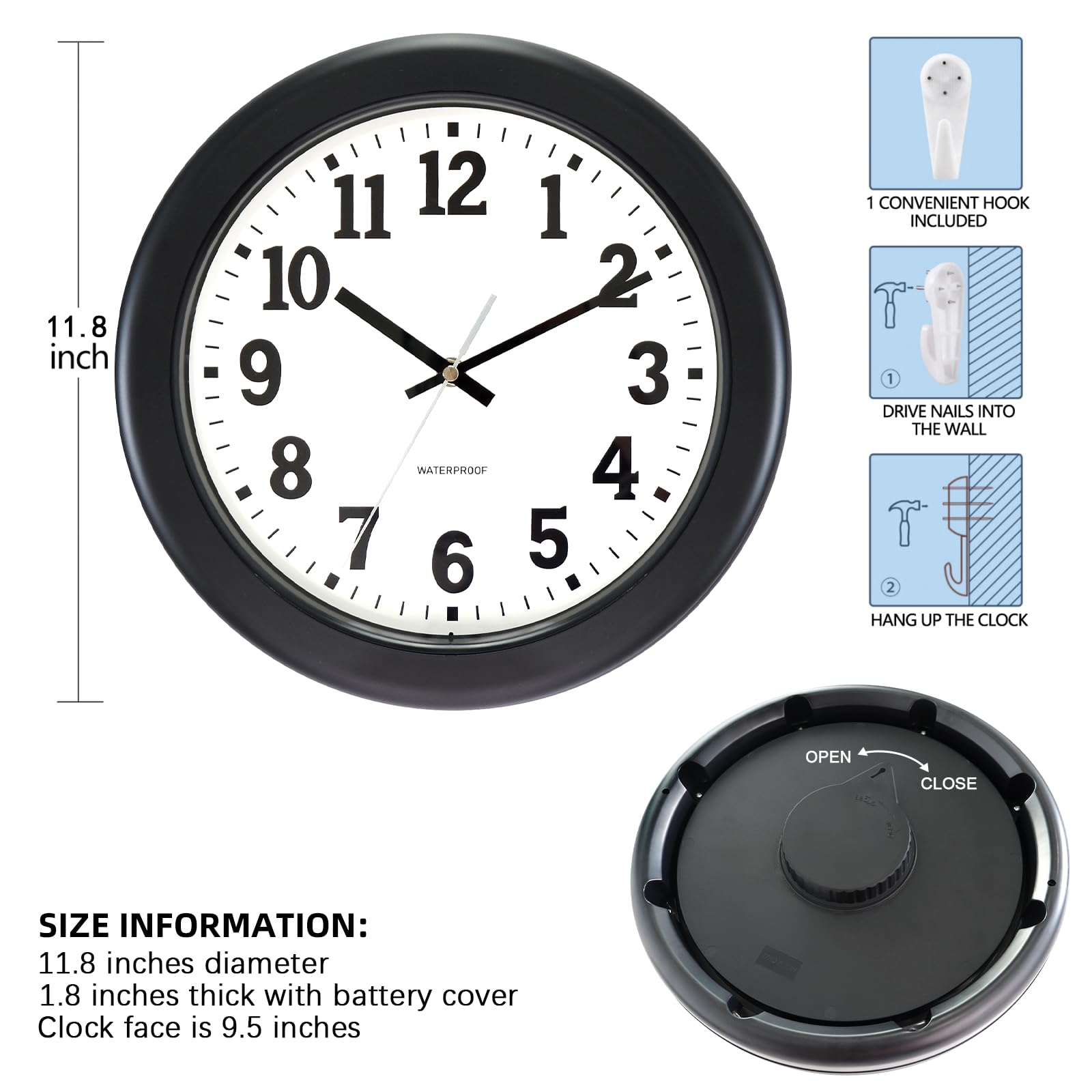 Caysie clock next to a hand for scale showing 12-inch readable face