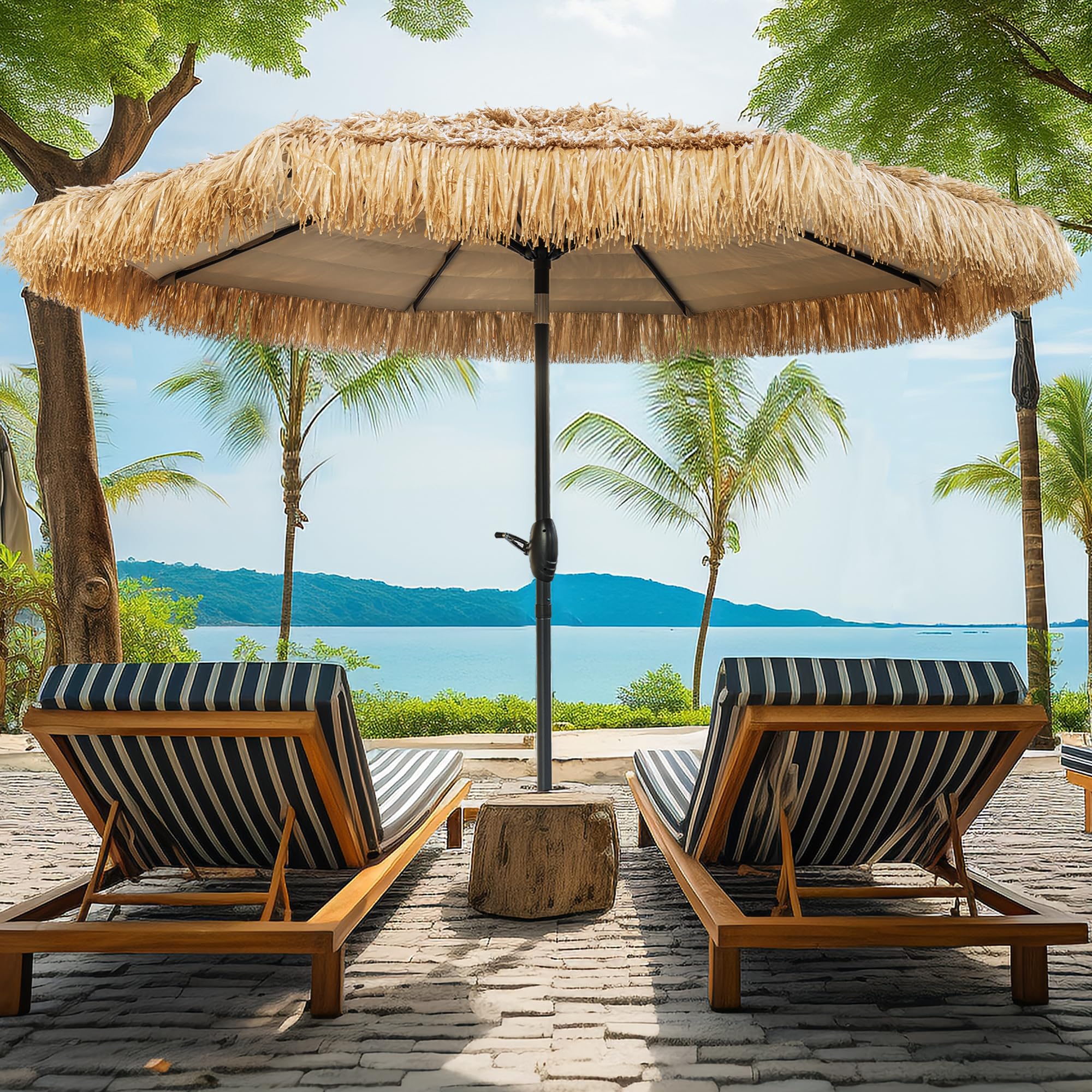 CBFULLRES front view of tiki umbrella showing full canopy benefit shade