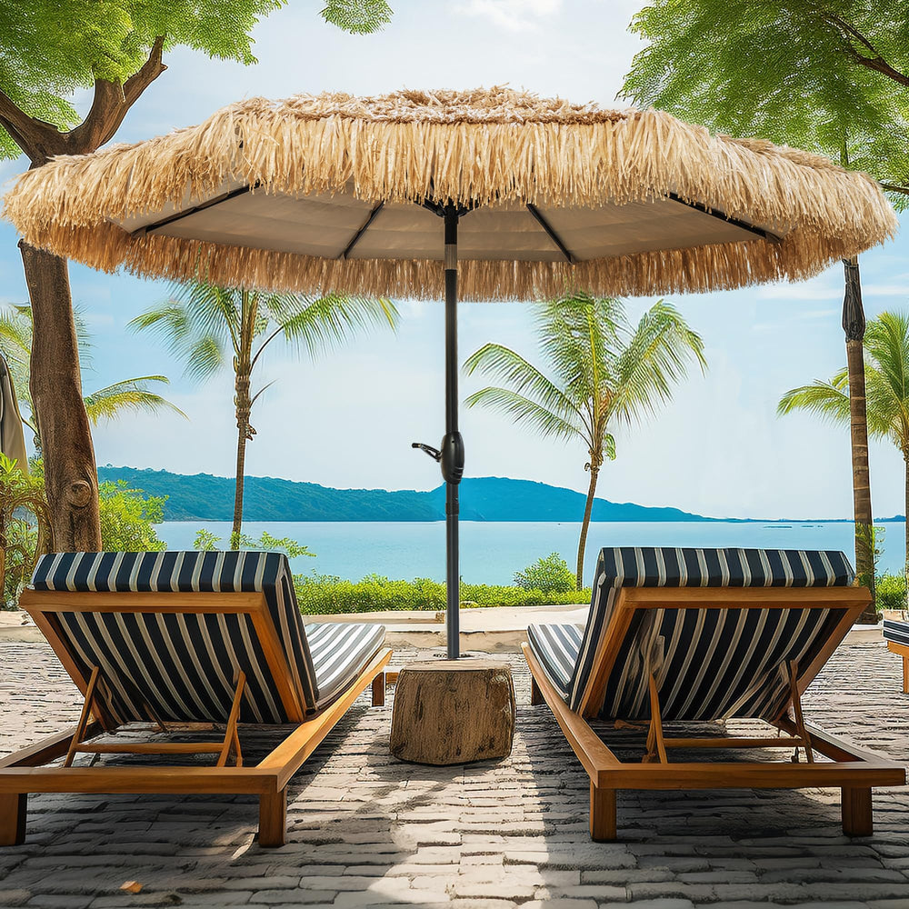 CBFULLRES front view of tiki umbrella showing full canopy benefit shade