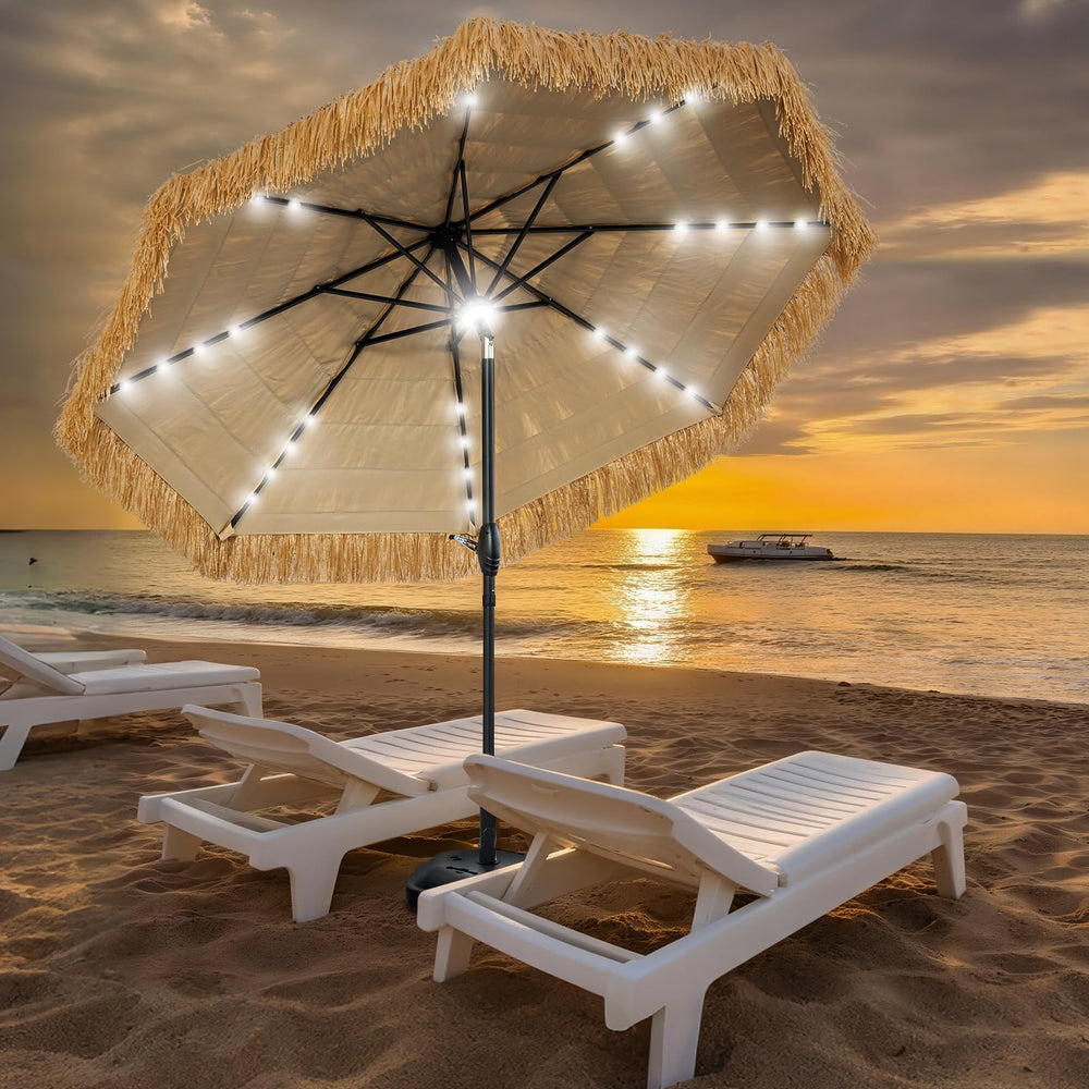 CBFULLRES front view showing 9ft thatched umbrella and shaded patio area