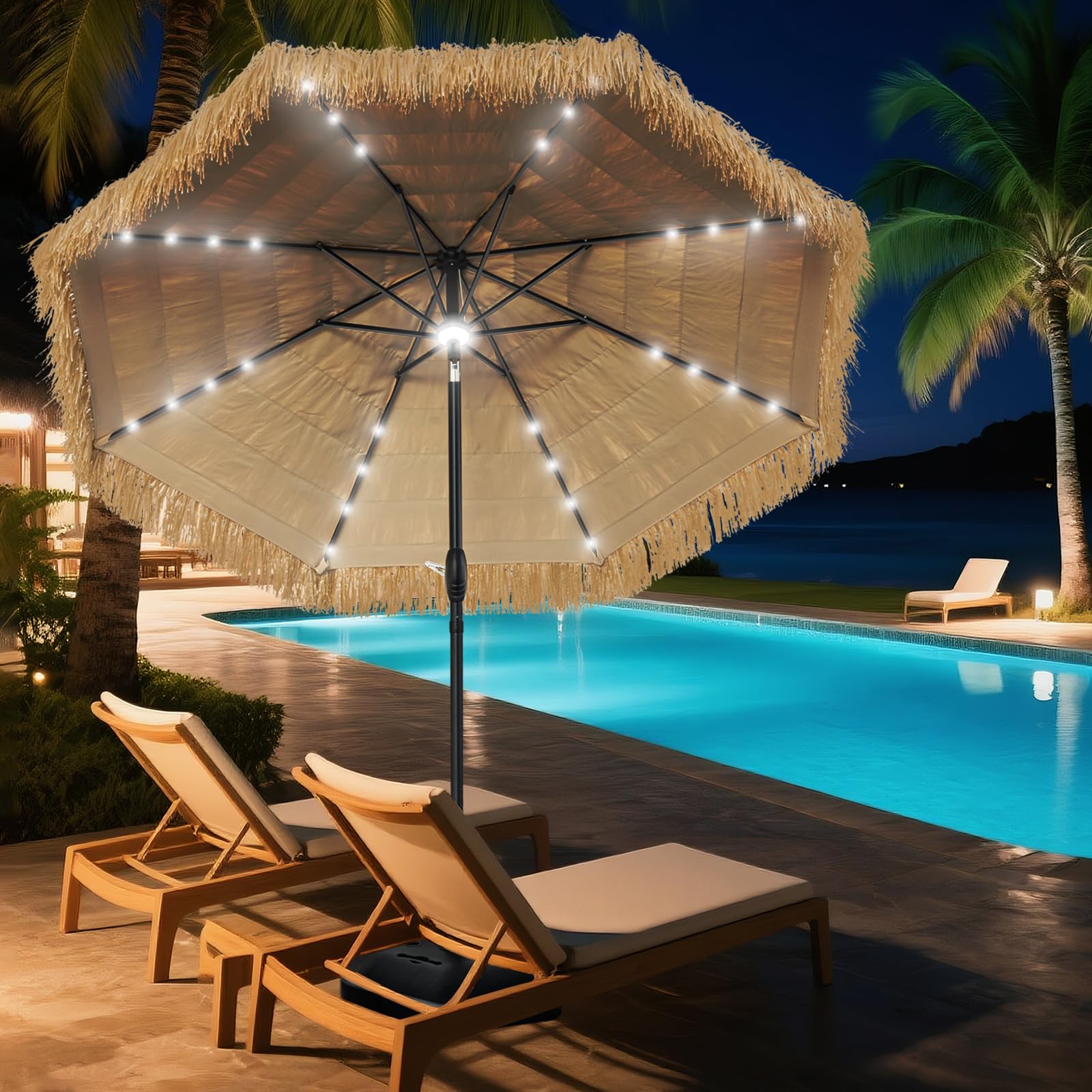 CBFULLRES front view of tiki umbrella showing tropical shade and durable frame