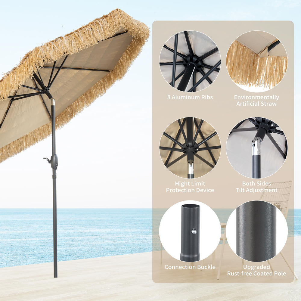 CBFULLRES umbrella set over patio table creating Hawaiian-style outdoor ambiance
