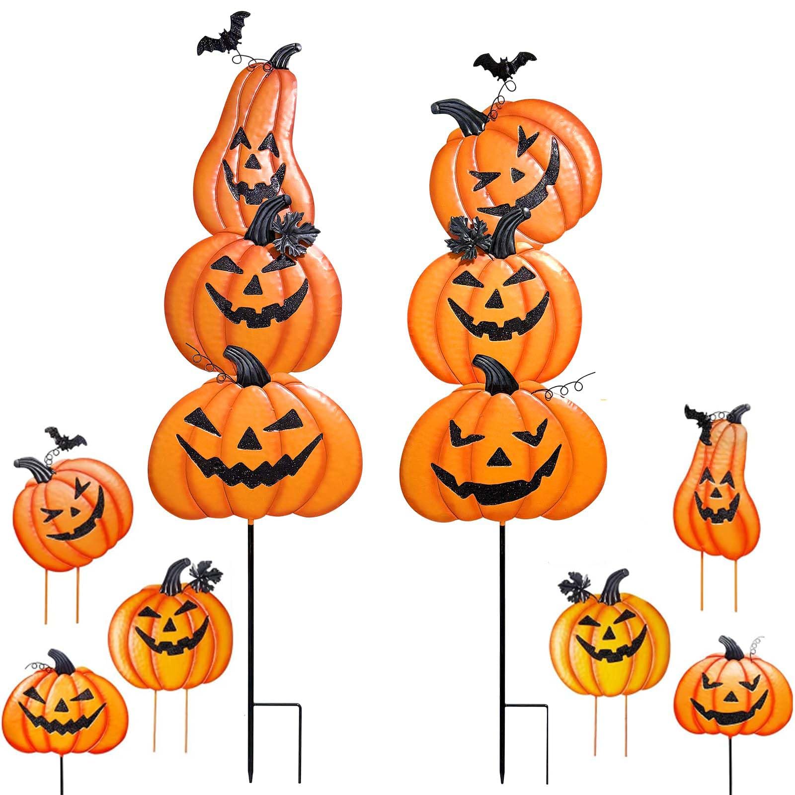 Cbumane front view of stacked pumpkin stakes showing festive yard impact