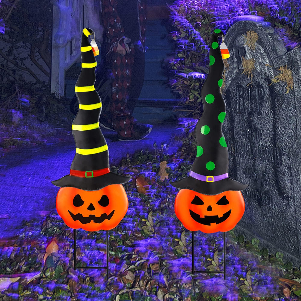 Cbumane front view of two packaged jack-o'-lantern stakes showing festive curb appeal