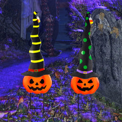 Cbumane front view of two packaged jack-o'-lantern stakes showing festive curb appeal