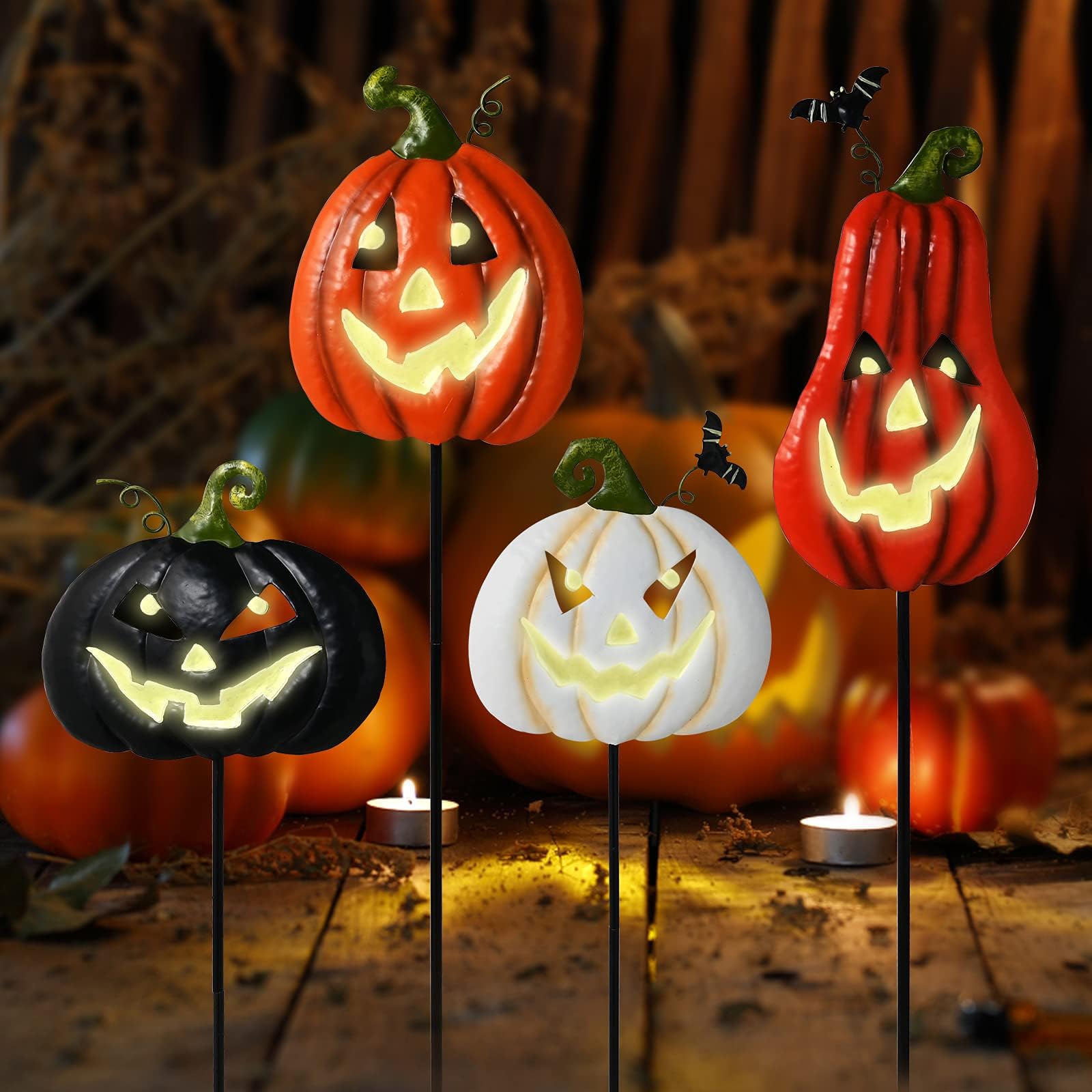 Cbumane front view of four pumpkin stakes enhancing curb appeal