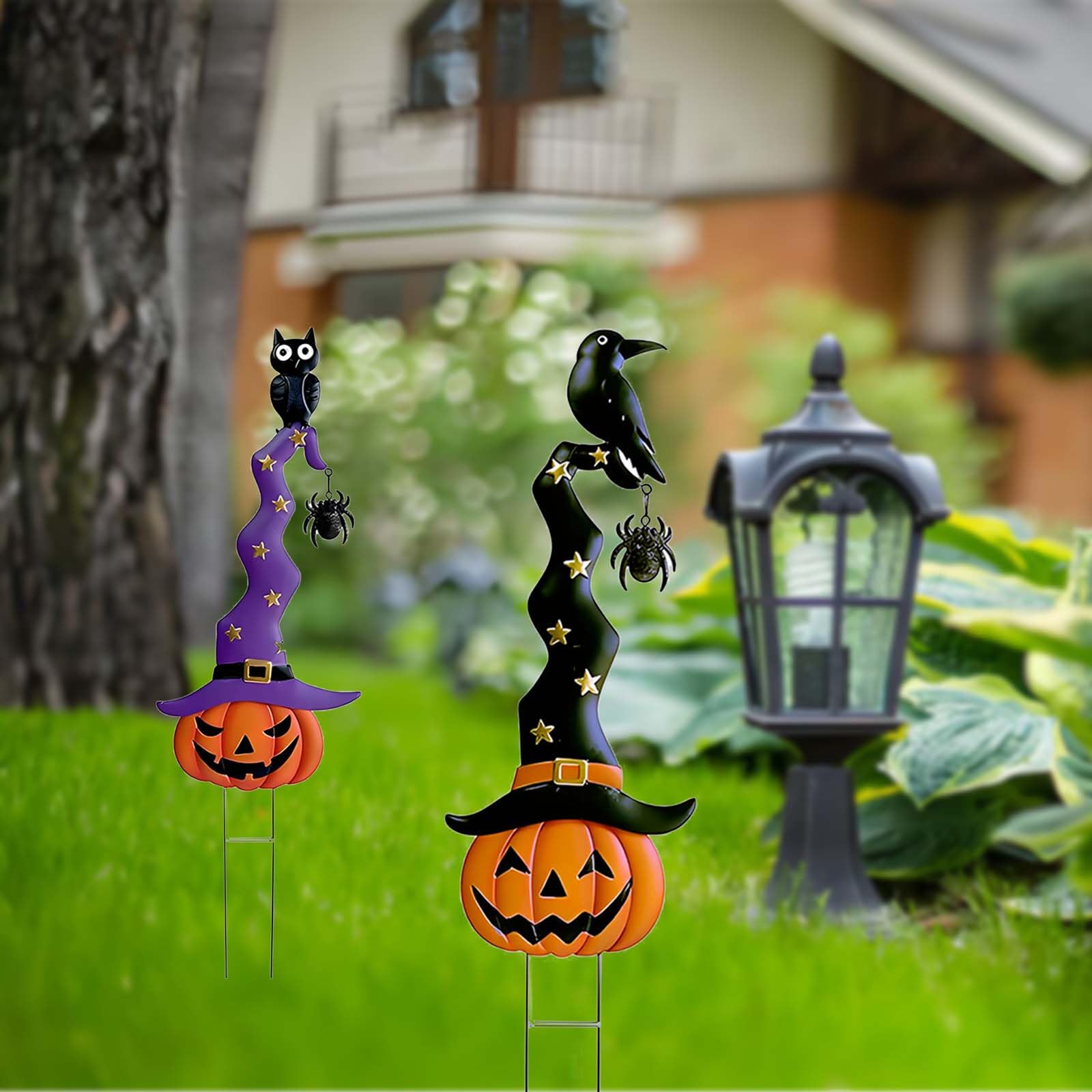 Cbumane front view of two pumpkin stakes showing festive curb appeal