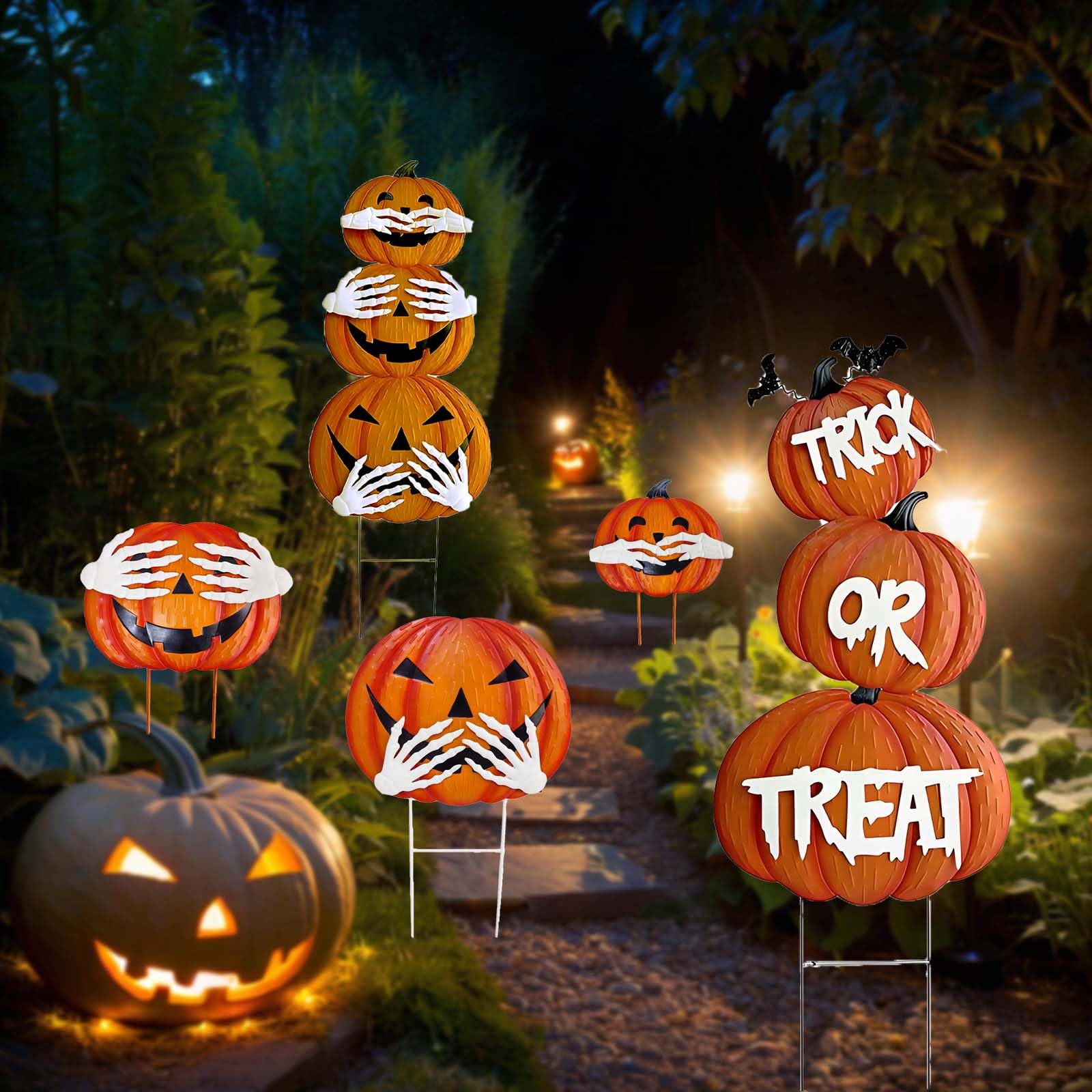 Cbumane separated single stakes arranged along a border for flexible fall decorating