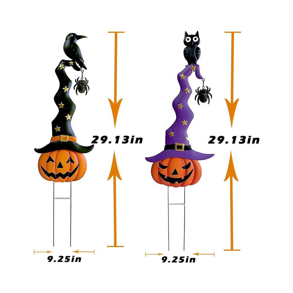 Cbumane detail of witch hat on pumpkin stake emphasizing whimsical style