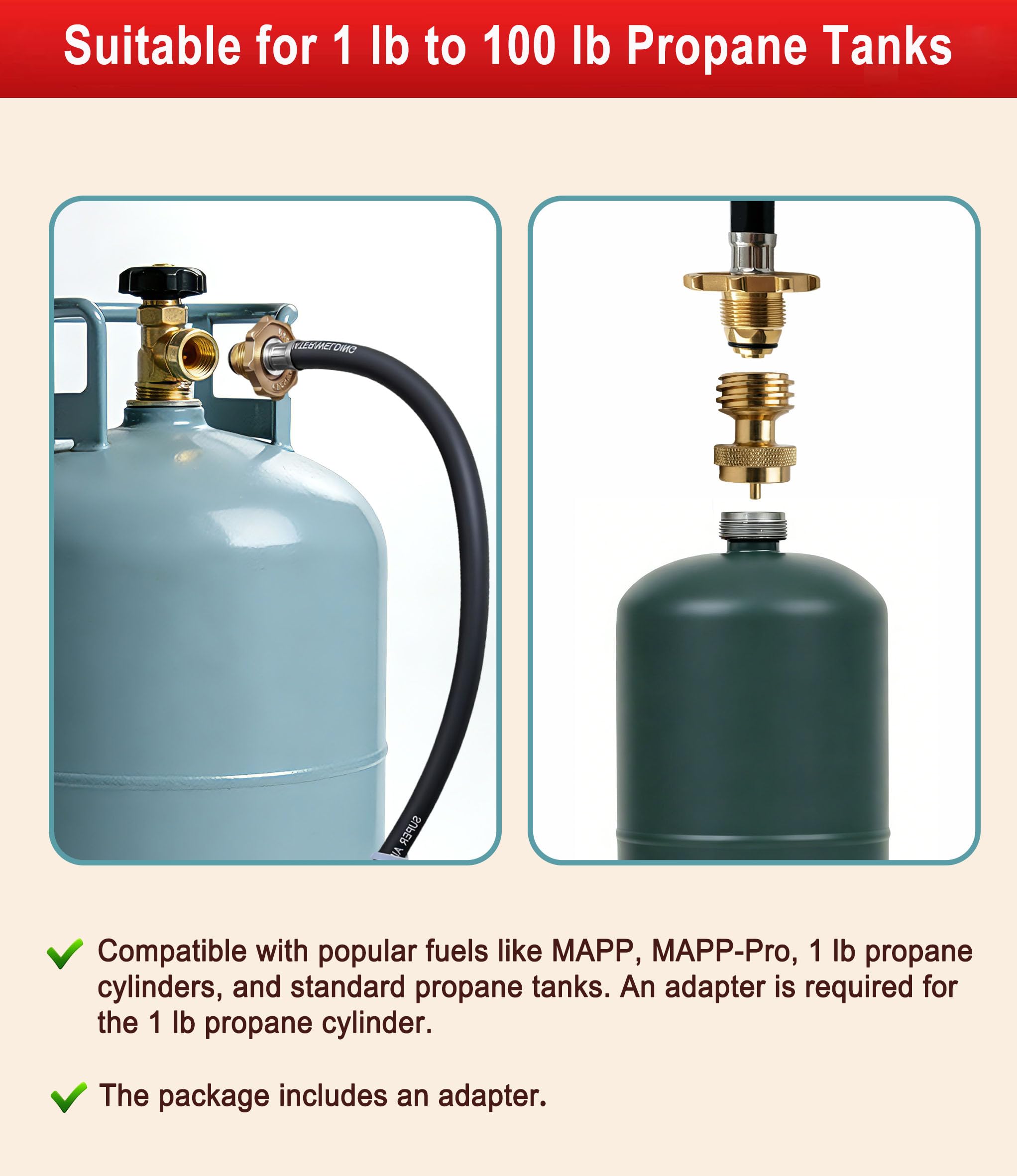 CeaGoal included 1 lb propane adapter attached to tank for convenient hookup