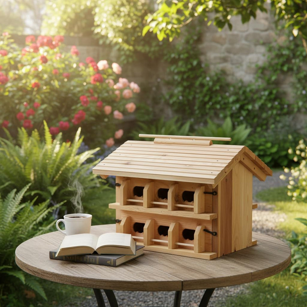 CEDAR ALPHA birdhouse mounted on post in yard facilitating ideal martin approach