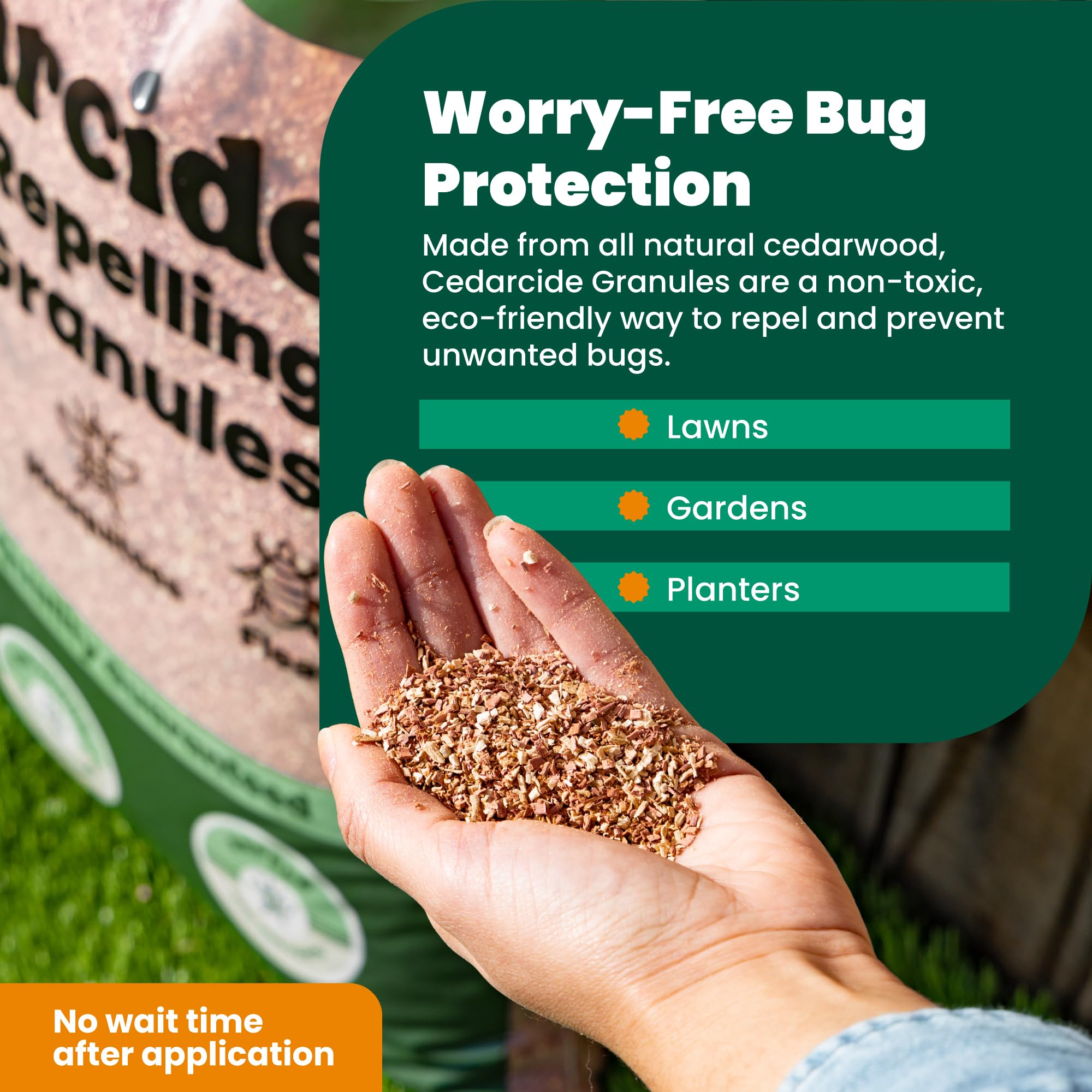 Granules sprinkled along a patio perimeter showing Cedarcide creating an insect-deterring border